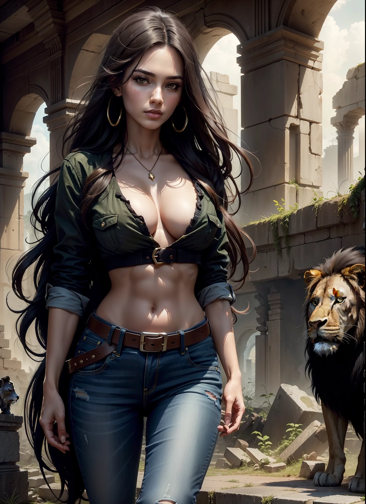 Beautiful woman, dark long hair, big chest, black troop jeans, belt, bikini, just one person, with lion, in the ruins with greens