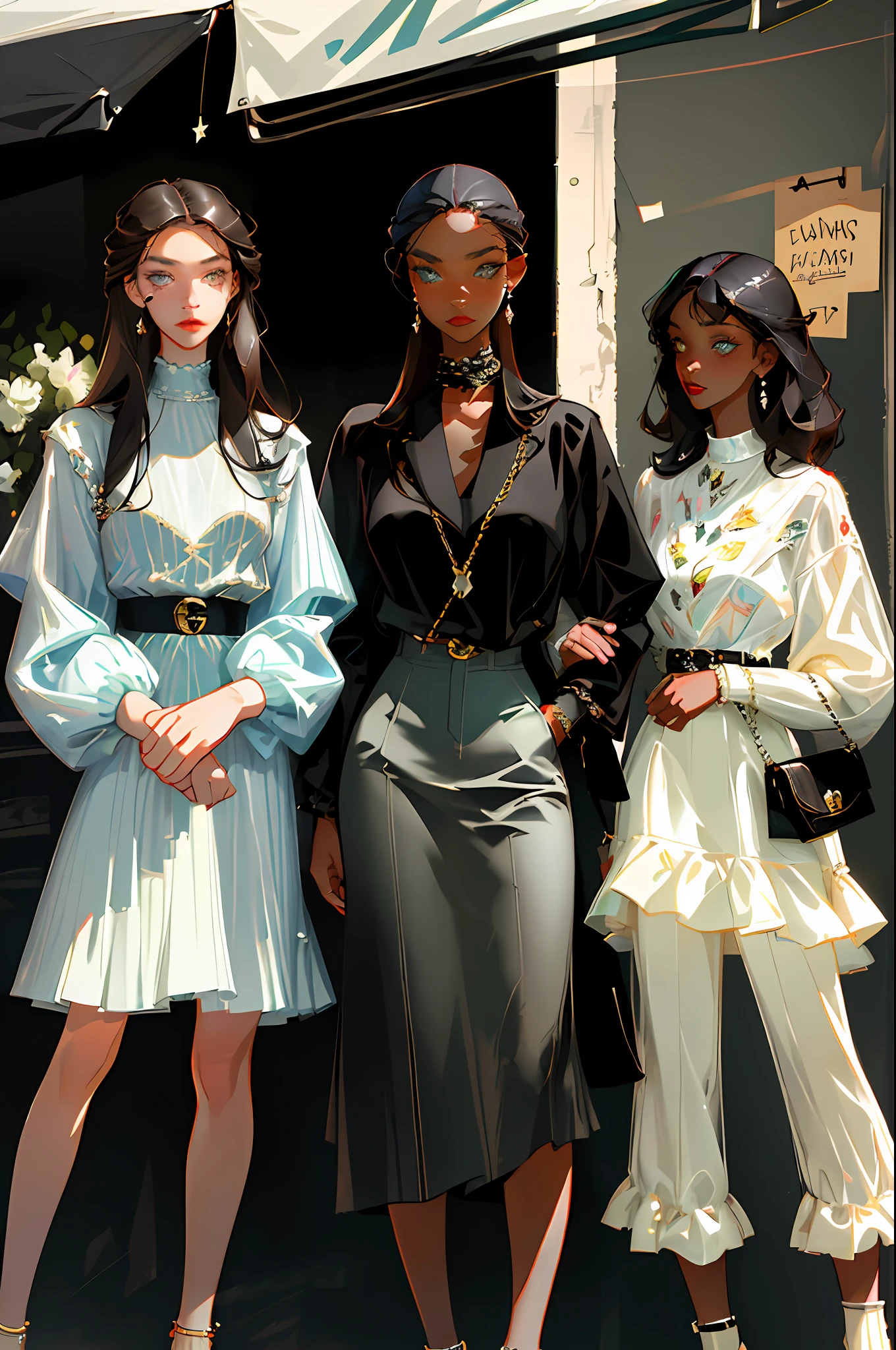 (best quality, masterpiece), 3girl, friends, models, fashion clothes, gucci, model, fashion, fixed look, fine details on the face, elegant, fashion, movie light, light eyes, (dark circles), small freckles on the face, designer clothes, neutral colors, dark hair, indirect light, (black hair)