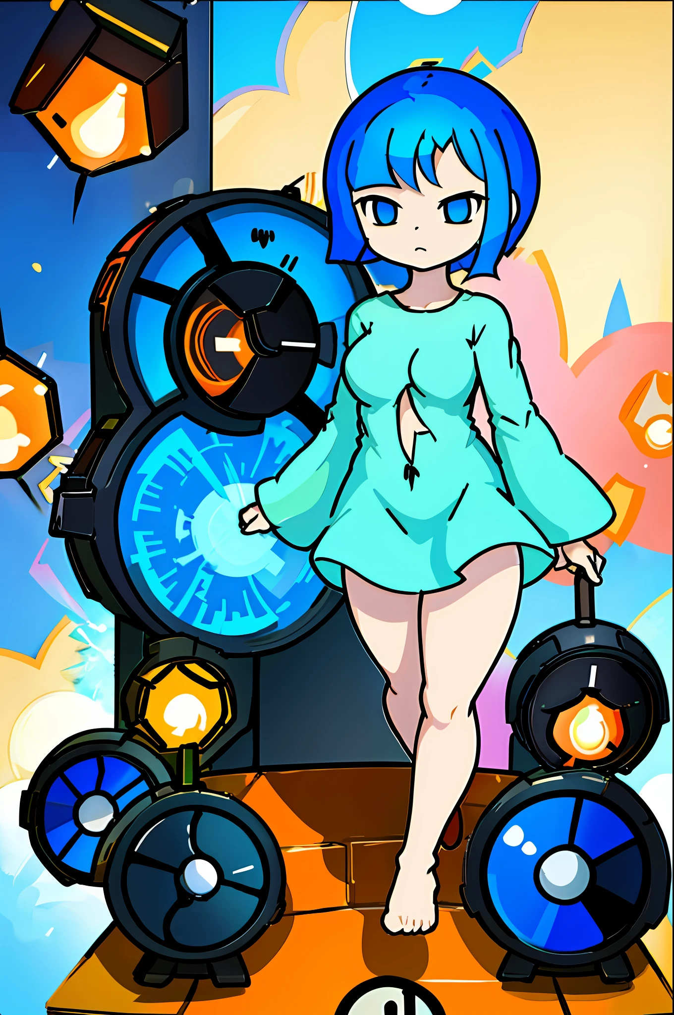 cartoon girl with blue hair, blue hair girl, blue short hair woman, blue hair little girl, blue hair, blue head, this character has frozen sports, 2D anime style, pale young girl big tits naked tits superpower translucent cloth big breasts, small, fine, sexy round ass, exposed breasts loli, young girl's physique, 8K, (student, sexy), short hair, (Oil: 0.6), (Tesla Coil: 0.4), (Nixie Tube: 0.8), (Highly Detailed, Ultra-Detailed, Complex), (Bloom: 0.4), Soft Lighting, (Side Lighting: 0.8) Chibi Super Deformed Very cute., (best quality)+, masterpiece+ [(low quality)1.3, (worst quality)1.3] different actions. Tattered Clothes hand undressed