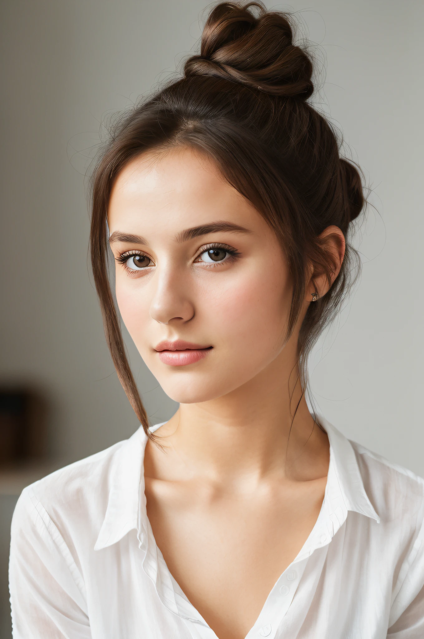 portrait, 20yo brunette german girl, sultry flirty look, wearing a white shirt, messy bun, 8k, best quality, masterpiece, (looking into camera:1.3), photograph, (beautiful)