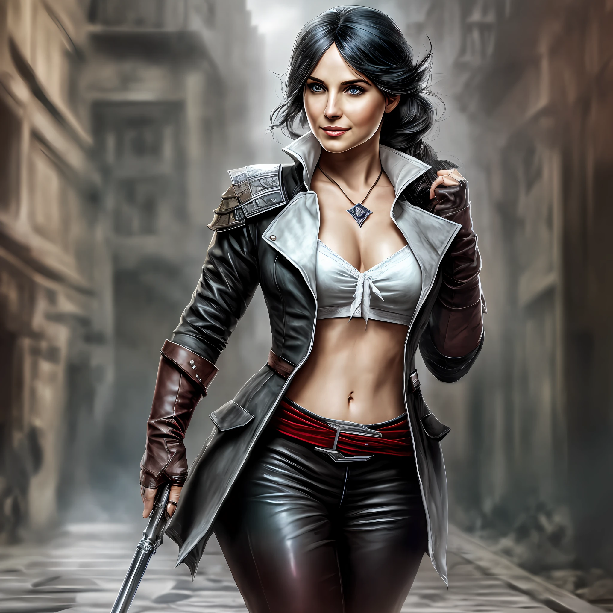 Evie Frye from Assassin's Creed Syndicate, ((Assassin's Creed cosplay)), Assassin's Creed Evie Frye hairstyle, (Details face), (detailed eyes), black eyeliner, (large breast:1.2),seductive smile, plump girl, highres, masterpiece, 1girl, solo, best quality, realistic,looking at viewer, perspective shot, navel, smirk, aroused, 4K, HDR. by (James C. Christensen:1.2|Jeremy Lipking:1.1), (photorealistic:1.2), (realistic:1.5), (hyperrealistic:1.2),(photorealistic face:1.2), full body shot with high heels, best quality, high resolution, standing on the streets, (extremely detailed 8k wallpaper, Ultrarealistic:1.3), subsurface scattering,(full body shot:1.4), similar face structure as the reference image, --s2