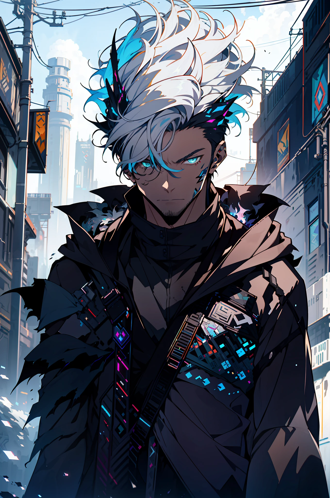 Cyberpunk male, fantasy world, dark background, clean design, epic instagram, artstation, colorful paint splatter, silhouette, hyper detailed intricate details, unreal engine, fantasy, intricate details, splash screen, complementary colors, Fantasy concept art, 8k resolution, deviantart masterpiece, oil painting, heavy strokes, paint dripping, (isolated on white background: 1.3), rainbow skin, (((handsome young man))), ((teenage:1.5) ), (glowing blue eyes), ((light eyes)), ((((short white hair: 1.1))), ((black clothes)), (prince\\(indifferent expression\\),, ( ((Wears high detail luxurious black robe))), white hair, frost magic, ((chest) --v 6
