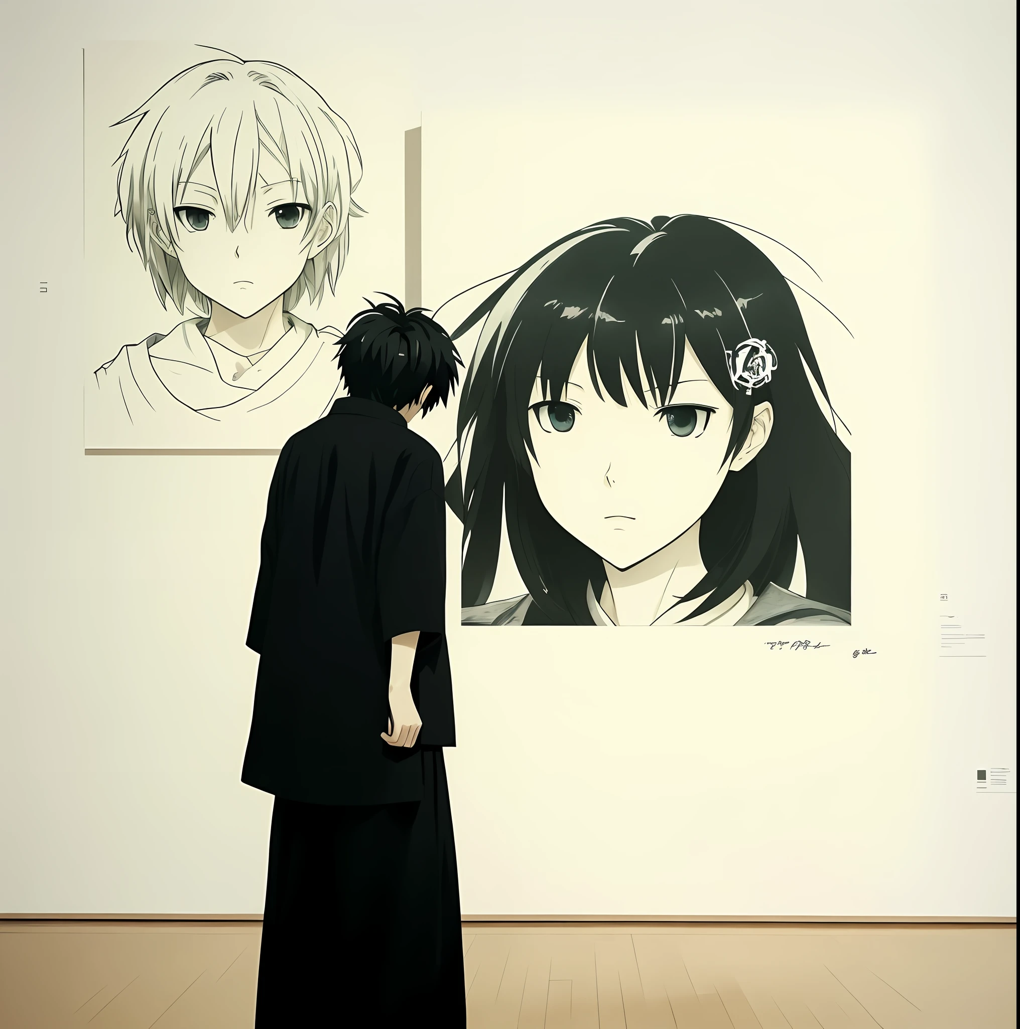 Man looking at a boy's drawing with a number on it, trending anime artwork, anime painting, Yoshitomo Nara and Aya Takano, at the art museum], Rei Kawakubo artwork, trending anime art, Yoshitomo Nara, Shinsui Ito, manga painting, clean anime art, Japanese anime artist drawing