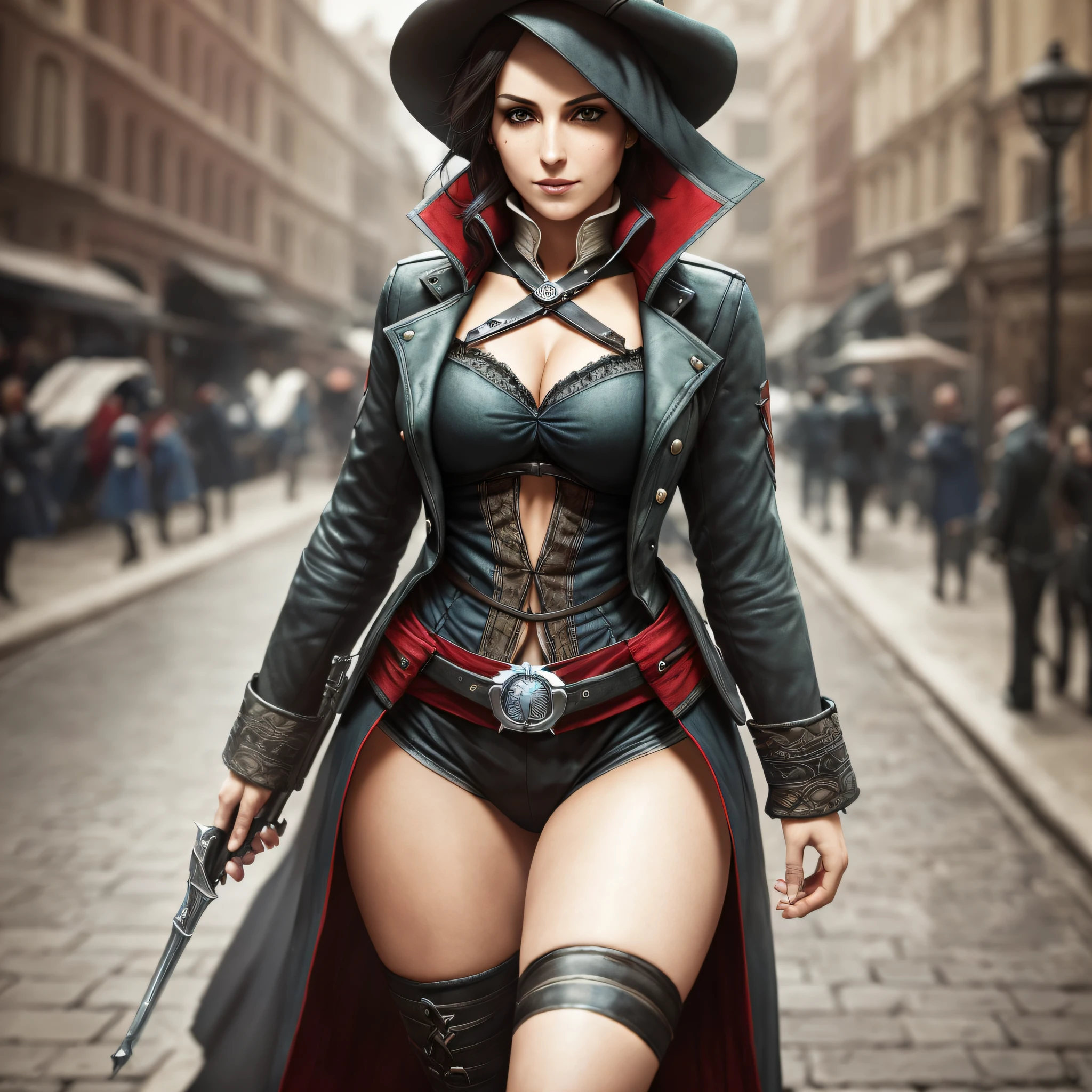 Evie Frye from Assassin's Creed Syndicate, ((Assassin's Creed cosplay)), Assassin's Creed Evie Frye hairstyle, (Details face), (detailed eyes), black eyeliner, (large breast:1.2),seductive smile, plump girl, highres, masterpiece, 1girl, solo, best quality, realistic,looking at viewer, perspective shot, navel, smirk, aroused, 4K, HDR. by (James C. Christensen:1.2|Jeremy Lipking:1.1), (photorealistic:1.2), (realistic:1.5), (hyperrealistic:1.2),(photorealistic face:1.2), full body shot with high heels, best quality, high resolution, standing on the streets, (extremely detailed 8k wallpaper, Ultrarealistic:1.3), subsurface scattering,(full body shot:1.4), similar face structure as the reference image, --s2