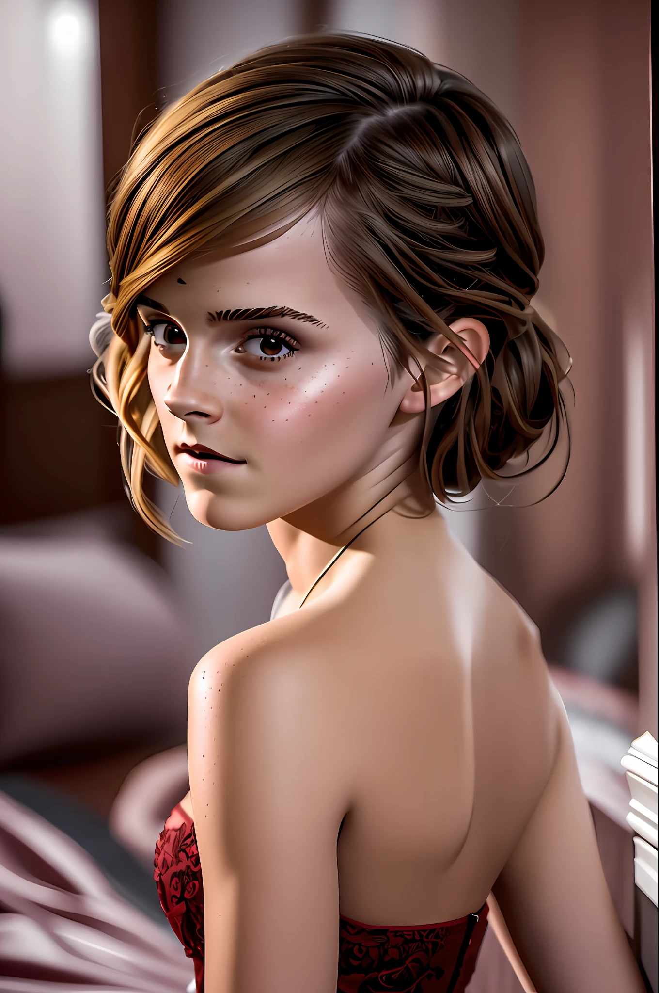 (((Emma Watson))), The tall slender adult woman stands in her dark bedroom with her back to the camera, she wears a very short dark red dress, (round breasts), ((her small round butt is in focus)), small head, (photorealistic:1.2) (best quality) (intricate details) (8K) (High Poly) (ray tracing) (cinema lighting) (Sharp focus) (detailed face), whole body, realistic skin textures, she looks seductively down on the viewer from above,  soft face, beautiful natural skin, beautiful face, (beautiful natural skin), suntanned skin, full body