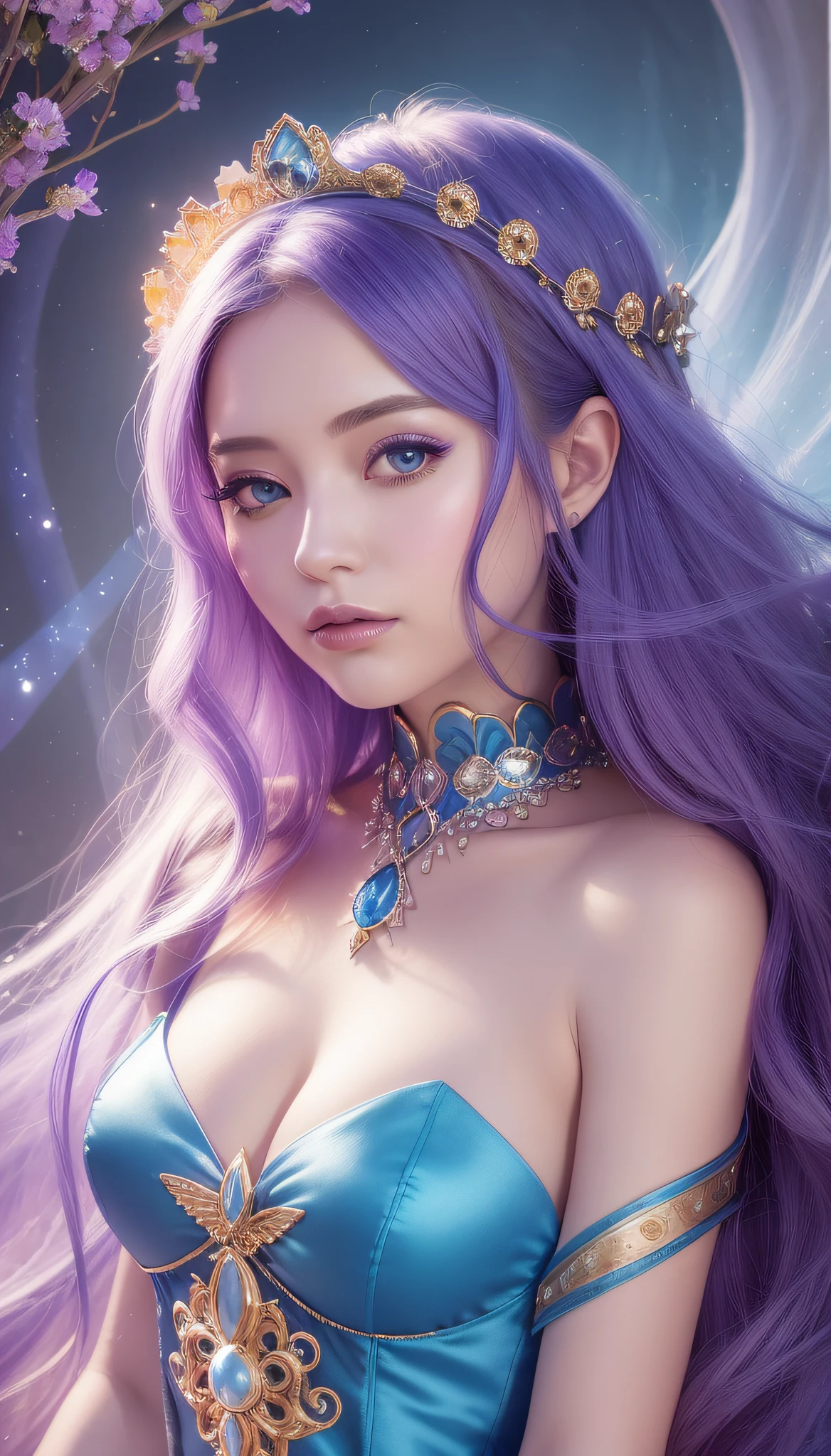 arafed woman in a blue dress with a flower crown, ethereal fantasy, ethereal beauty, ((a beautiful fantasy empress)), a beautiful fantasy empress, fantasy art style, fantasy beautiful, beautiful fantasy art, beautiful fantasy maiden, beautiful goddess, fantasy woman, digital fantasy art ), fantasy photoshoot, beautiful celestial mage, astral fairy, celestial goddess, beautiful sorceress