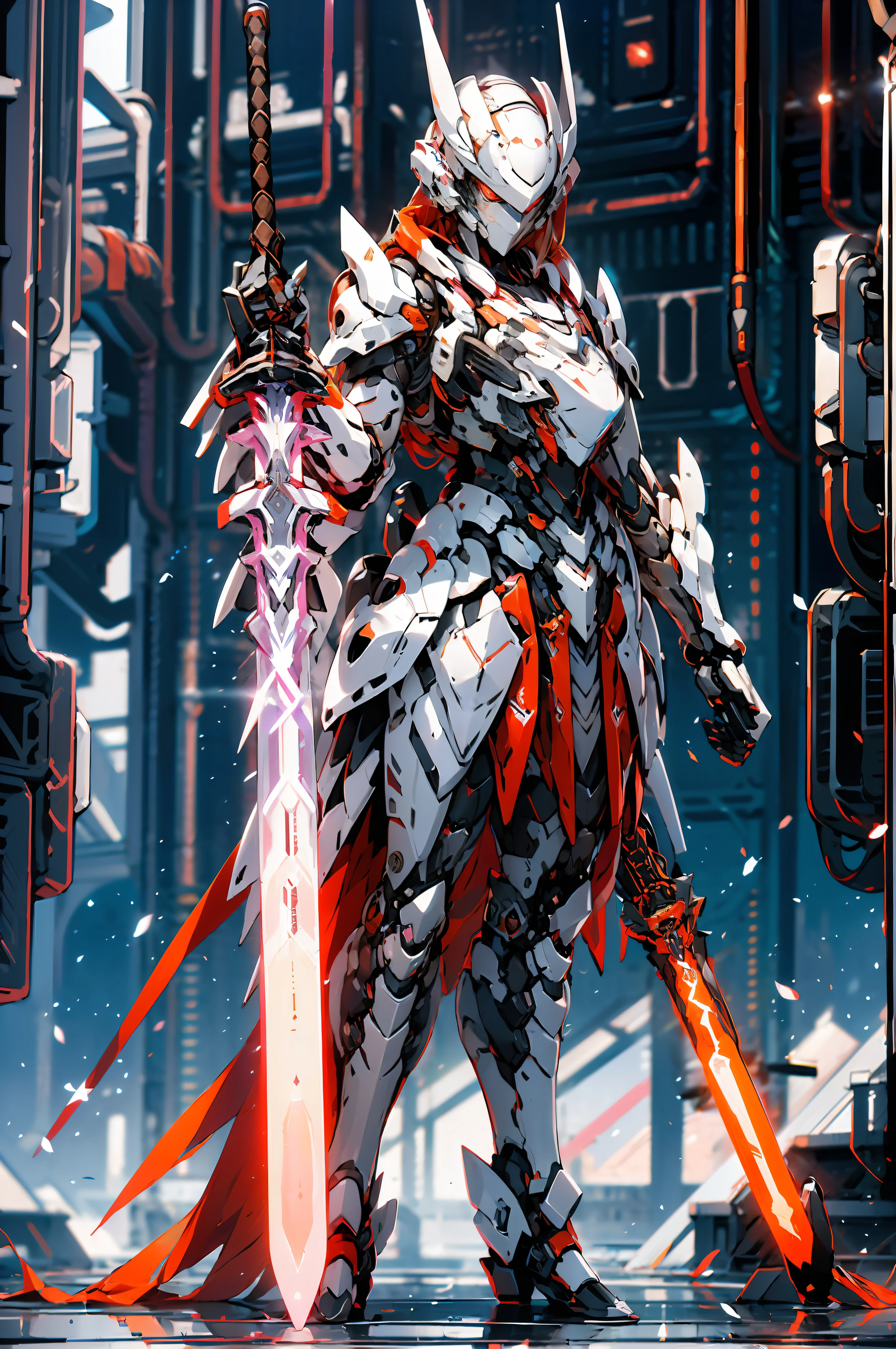 mecha_musume, 1 girl, long_hair, science_fiction, weapon, lightsaber, holding_sword, blue_eyes, solo, headdress, holding_weapon, mecha, bust, pink and white livery, angel halo, sad gaze, upper body close-up, close-up