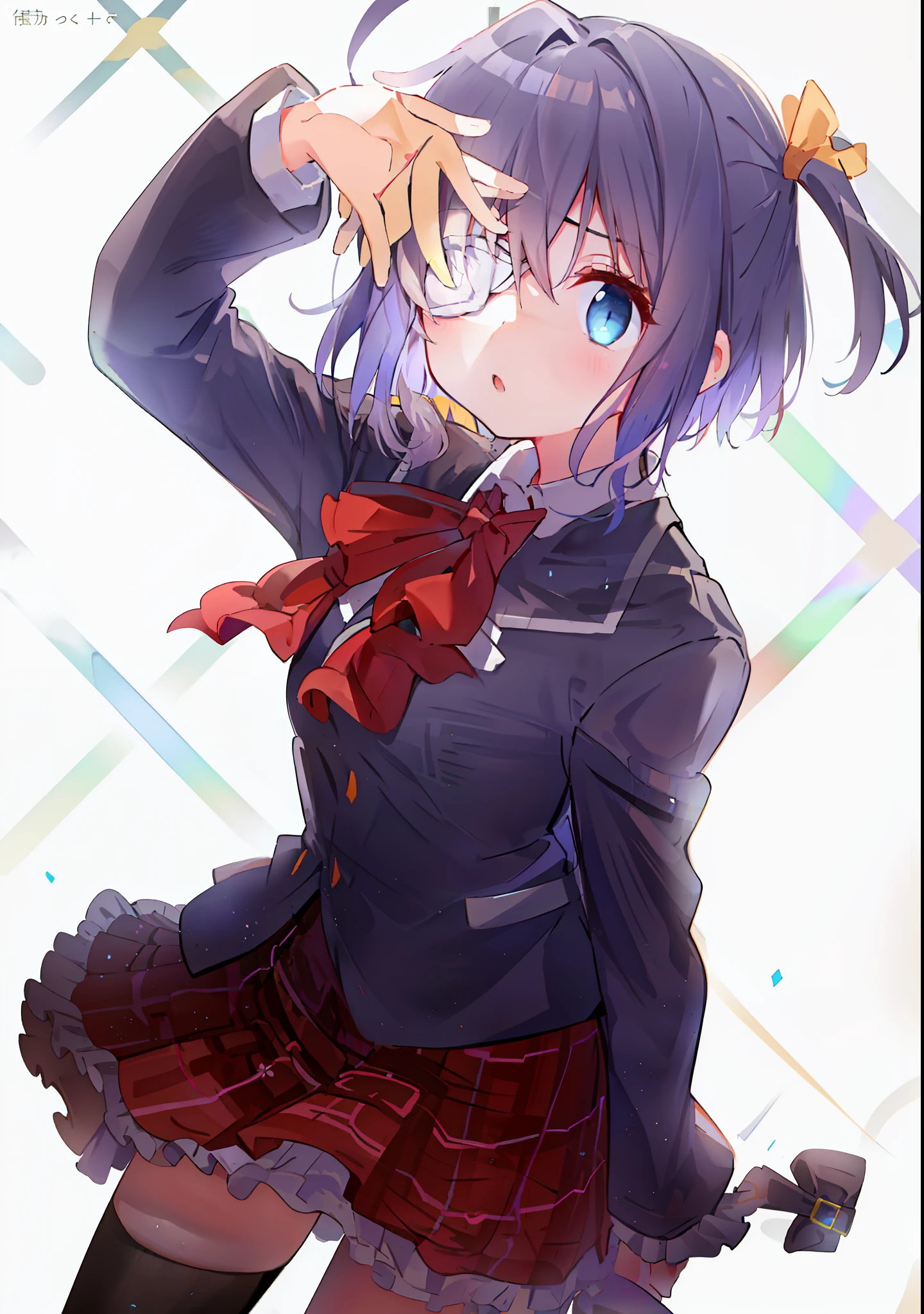 high res, masterpiece,Rikka Takanashi, black hair, solo, 1girl,outside,deatailed background, detailed eyes, ((blue eyes)), eyepatch