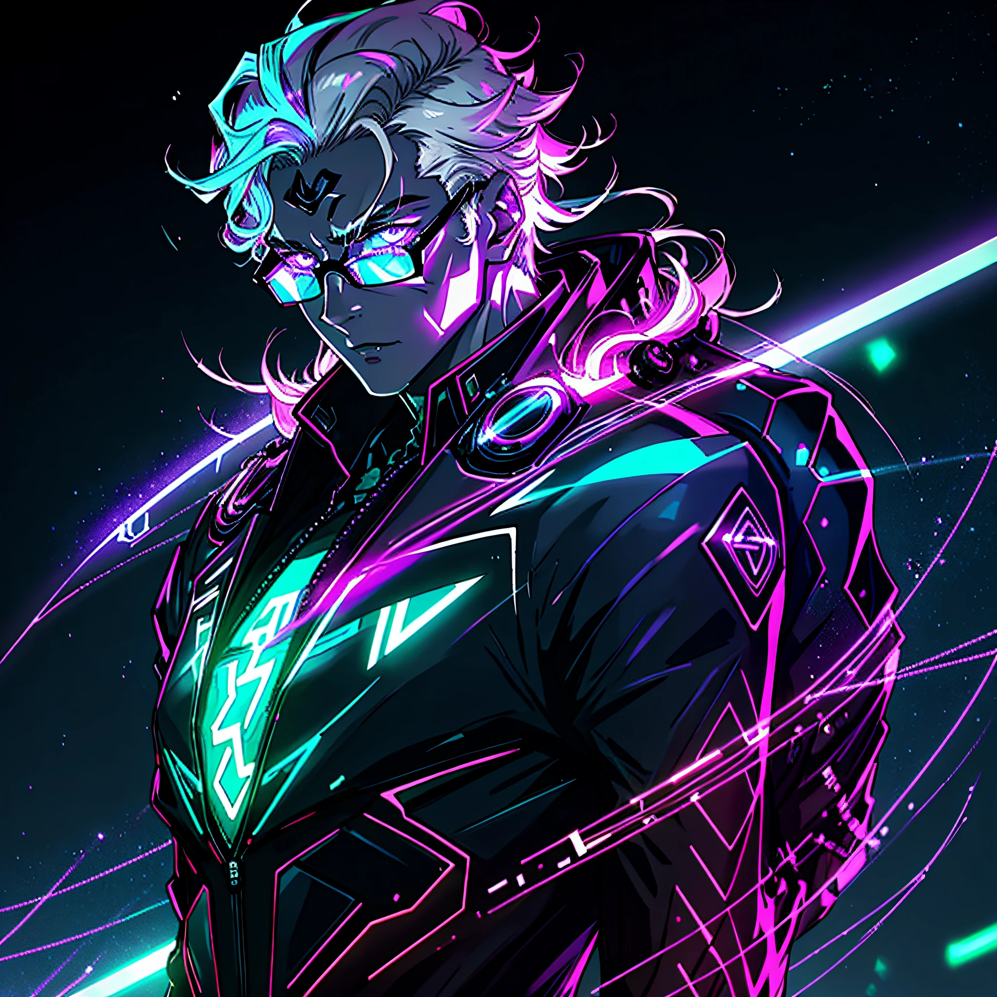 In the neon-lit expanse of CyberHaven, a sprawling metropolis that pulses with technological wonders and shadows that never sleep, resides a vampire boy named Asher. At the tender age of 18, he embodies the enigmatic fusion of ancient darkness and futuristic aesthetics. Explore the intricately detailed world of Asher: Hair: Asher's hair is a vibrant tapestry of black, white, and shades of purple, an artistic homage to the ever-evolving cyberpunk aesthetic. These electrifying colors intertwine, reflecting the neon lights that bathe the city's streets. His hair is styled in a dynamic fashion, a blend of sleek and spiked elements, echoing the fusion of tradition and futurism. Glasses: Adorning his face, Asher's glasses embody cutting-edge technology with a touch of retro charm. The frames are sleek and silver, intricately designed with embedded microcircuitry that enhances his vision in the augmented reality of CyberHaven. The lenses possess a subtle holographic shimmer, providing him with an overlay of data and information within his field of view. Eyes: Beneath the tinted lenses of his glasses, Asher's eyes glimmer with an ethereal glow, a vibrant shade of amethyst that seems to radiate with electric energy. They hold an intensity that reflects his profound connection to the nocturnal world and his unyielding thirst for both knowledge and the life essence that sustains him. Cybernetic Enhancements: Within the cyberpunk realm, Asher has embraced technological augmentations that coexist with his vampiric nature. Tracing along his arms and neck, faintly glowing circuitry tattoos blend seamlessly with his skin, enhancing his reflexes and senses. These enhancements are a testament to his ability to adapt and thrive in the ever, highly detailed face, highly detailed eyes,potrait