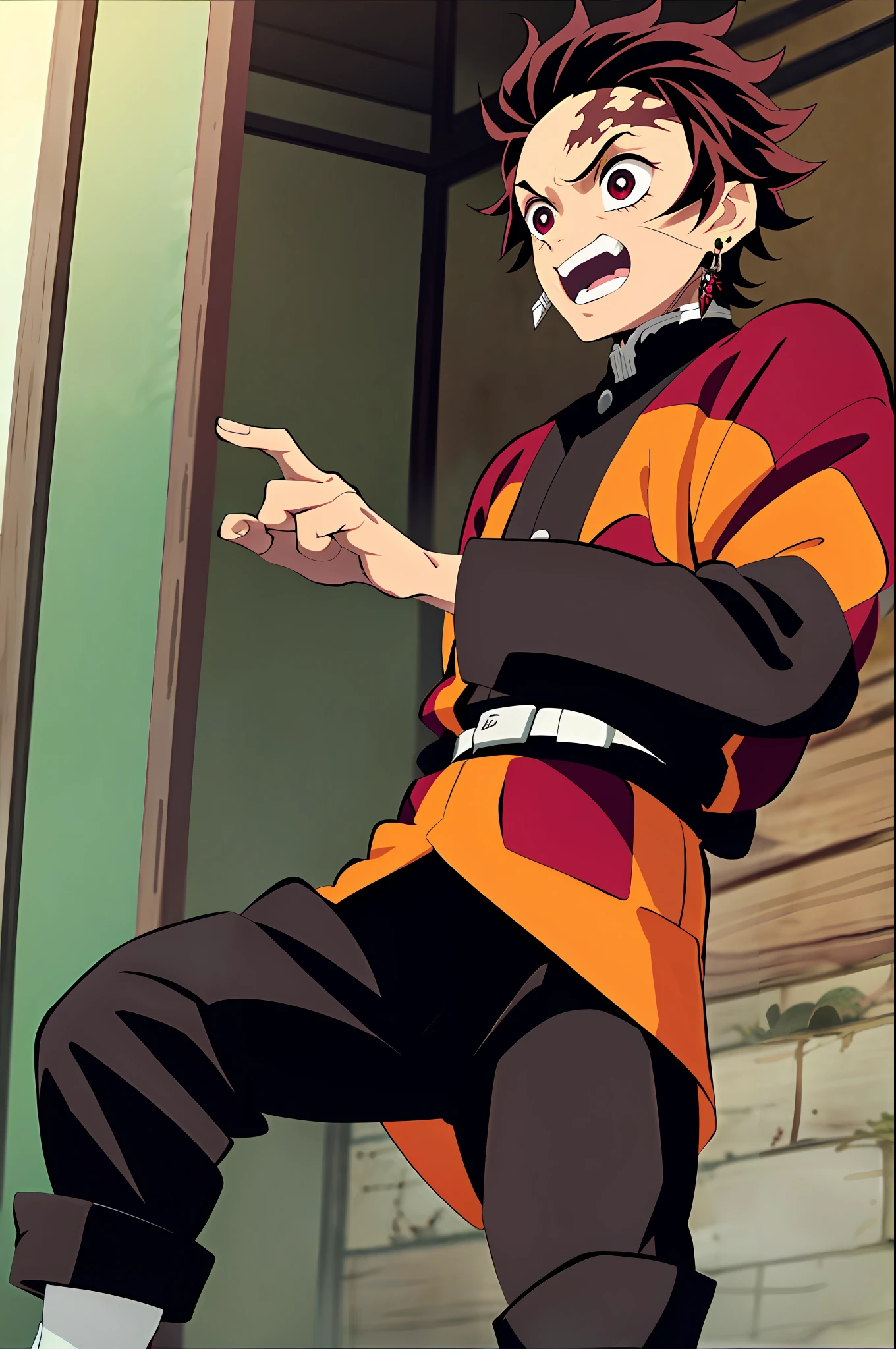 kimetsu no yaiba style, kamado tanjiro, demon slayer uniform, 1boy, male focus, scar on face, weapon, scar, earrings, teeth, jewelry, pants, scar on forehead, brown hair, belt, black pants, japanese clothes, haori, green haori, solo, red eyes, long sleeves, anime coloring, ((masterpiece))
