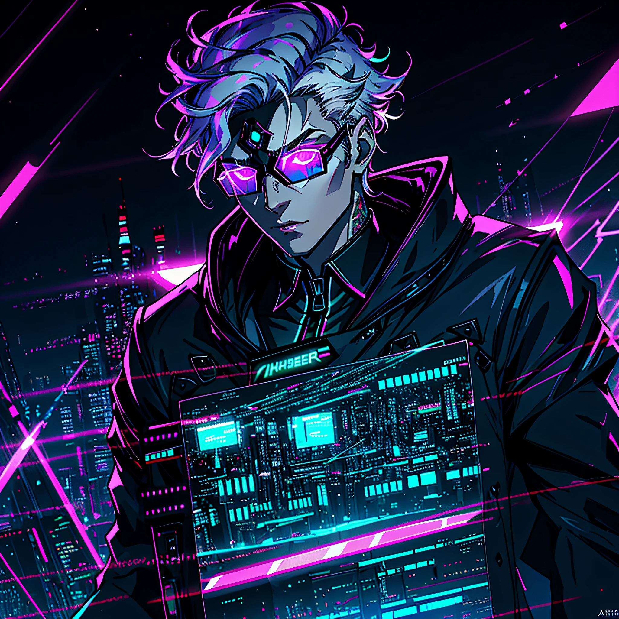 In the neon-lit expanse of CyberHaven, a sprawling metropolis that pulses with technological wonders and shadows that never sleep, resides a vampire boy named Asher. At the tender age of 18, he embodies the enigmatic fusion of ancient darkness and futuristic aesthetics. Explore the intricately detailed world of Asher: Hair: Asher's hair is a vibrant tapestry of black, white, and shades of purple, an artistic homage to the ever-evolving cyberpunk aesthetic. These electrifying colors intertwine, reflecting the neon lights that bathe the city's streets. His hair is styled in a dynamic fashion, a blend of sleek and spiked elements, echoing the fusion of tradition and futurism. Glasses: Adorning his face, Asher's glasses embody cutting-edge technology with a touch of retro charm. The frames are sleek and silver, intricately designed with embedded microcircuitry that enhances his vision in the augmented reality of CyberHaven. The lenses possess a subtle holographic shimmer, providing him with an overlay of data and information within his field of view. Eyes: Beneath the tinted lenses of his glasses, Asher's eyes glimmer with an ethereal glow, a vibrant shade of amethyst that seems to radiate with electric energy. They hold an intensity that reflects his profound connection to the nocturnal world and his unyielding thirst for both knowledge and the life essence that sustains him. Cybernetic Enhancements: Within the cyberpunk realm, Asher has embraced technological augmentations that coexist with his vampiric nature. Tracing along his arms and neck, faintly glowing circuitry tattoos blend seamlessly with his skin, enhancing his reflexes and senses. These enhancements are a testament to his ability to adapt and thrive in the ever, highly detailed face, highly detailed eyes,potrait