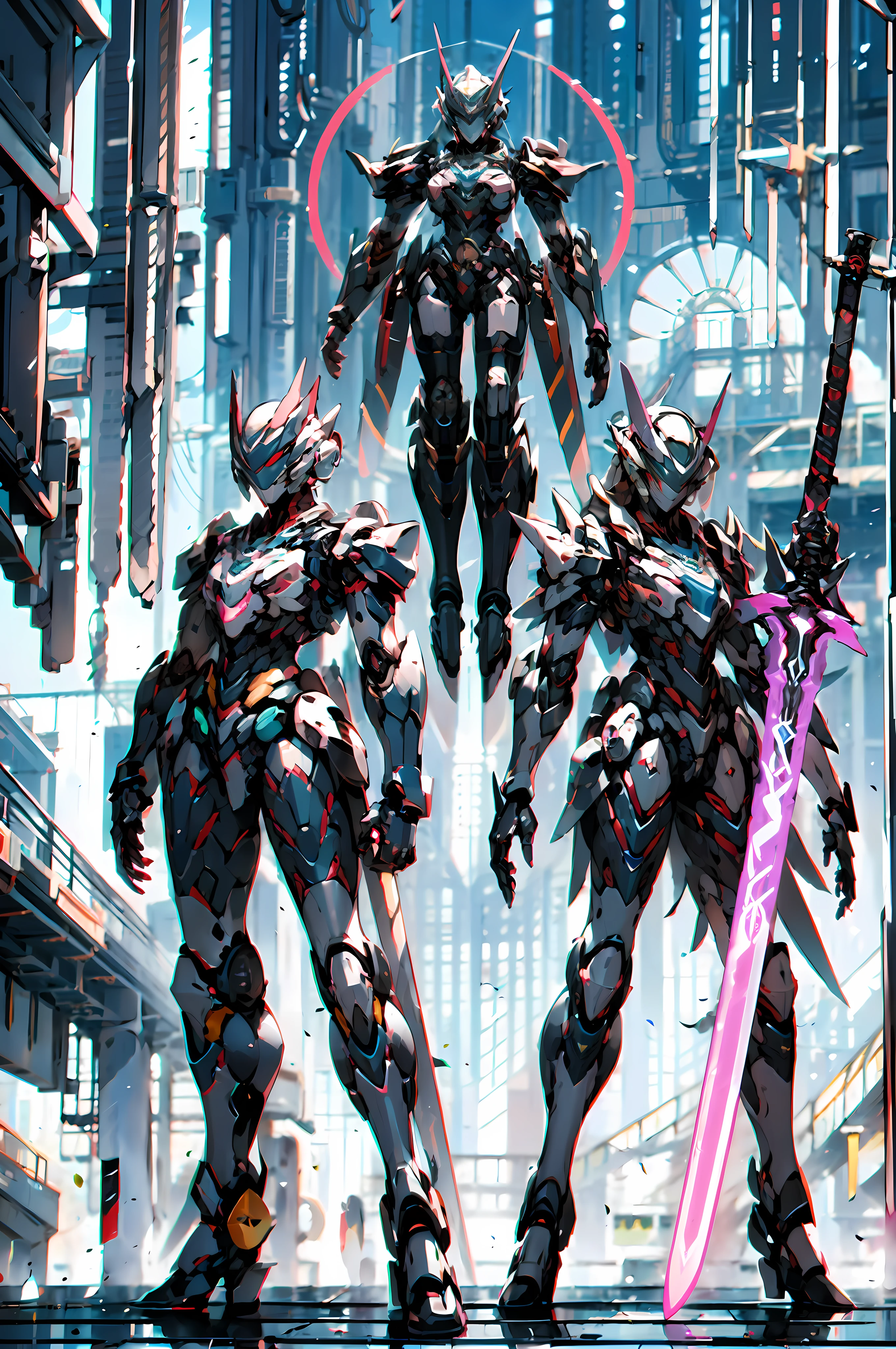 mecha_musume, 1 girl, long_hair, science_fiction, weapon, lightsaber, holding_sword, blue_eyes, solo, headdress, holding_weapon, mecha, bust, pink and white livery, angel halo on the head, sad gaze, upper body close-up, female robot