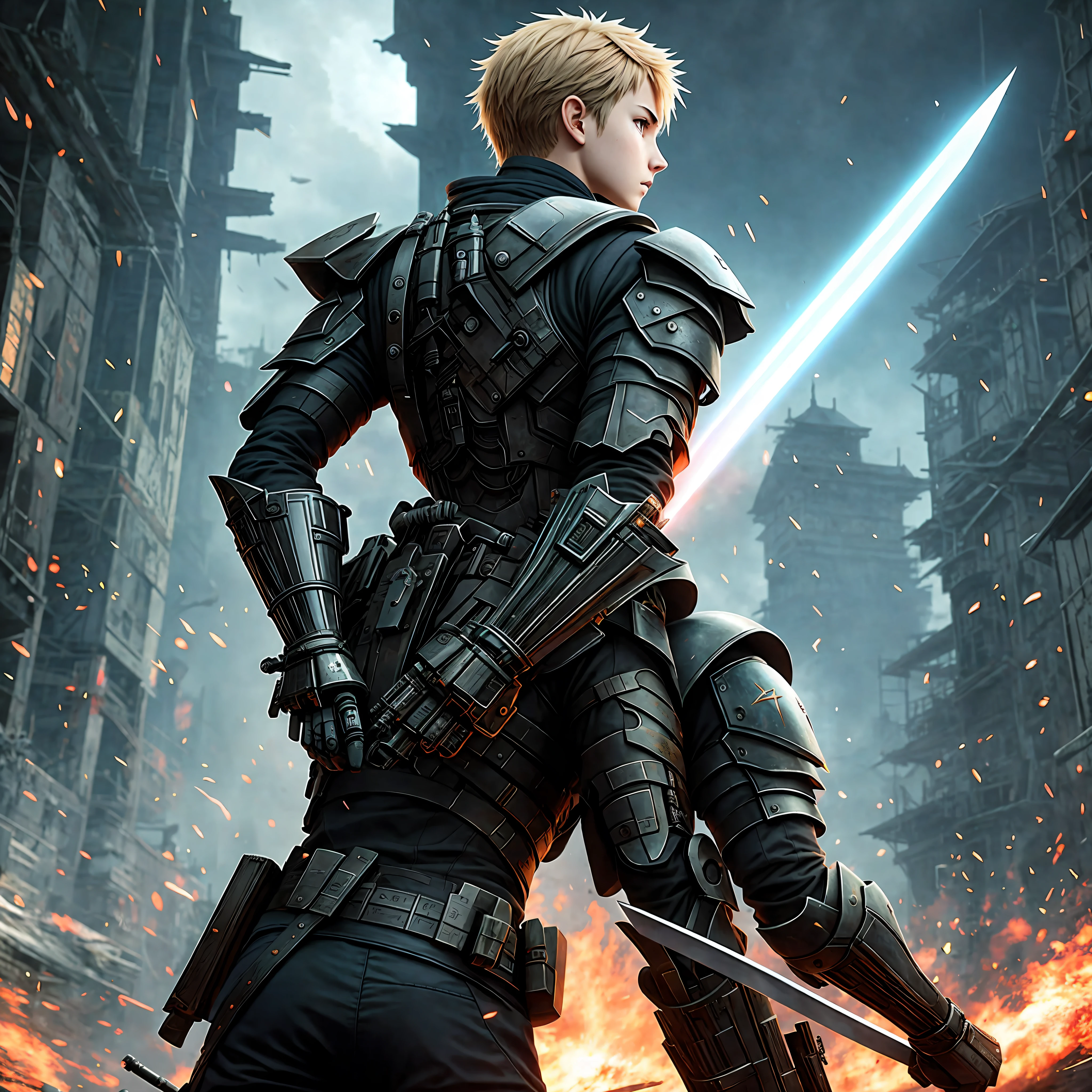 Anime Style, Sword, Biomechanics, Biomechanical Details, Grandiose Scenes, Overlay Rendering, Dark Environments, Natural Light, Nameless Fear, Aesthetics, Hyperdetail, 8K, HD, DSLR, 2021 Science fiction movie, ::1 --ar 1:2 50, a boy with a sword on his back, facing a battlefield full of gunpowder, boy, eighteen-year-old boy, canyon, masked --s 2