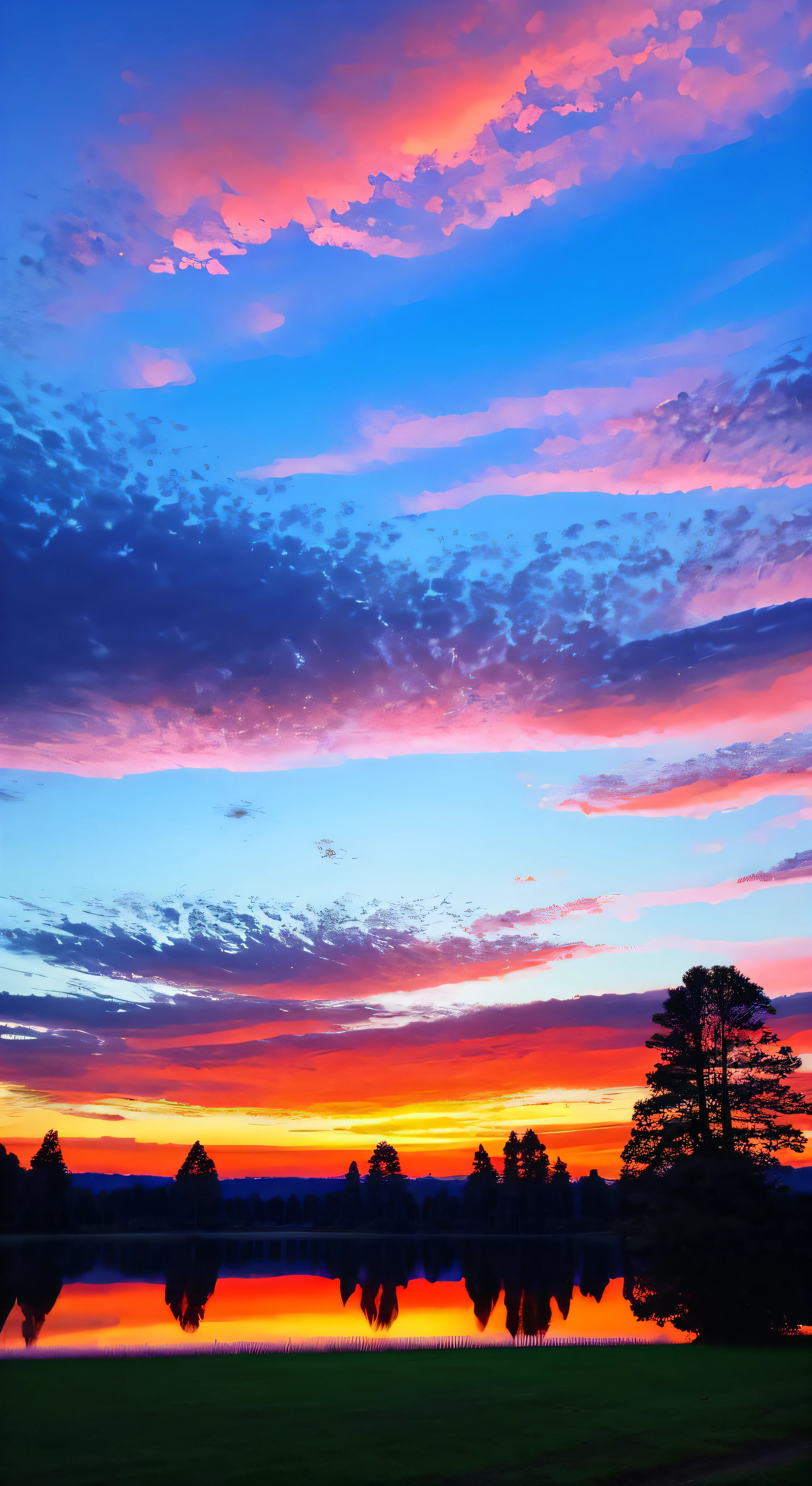 Beautiful sunset with lake and trees in background, colorful sky, surreal colors, colorful sunset, blue sky, marvelous sky reflection, amazing sky, fantastic atmosphere 8K, colorful clouds, color reflection on lake, surreal sky, red and blue reflection, fire reflection, beautiful sky, beautiful and spectacular dusk, beautiful dream landscape