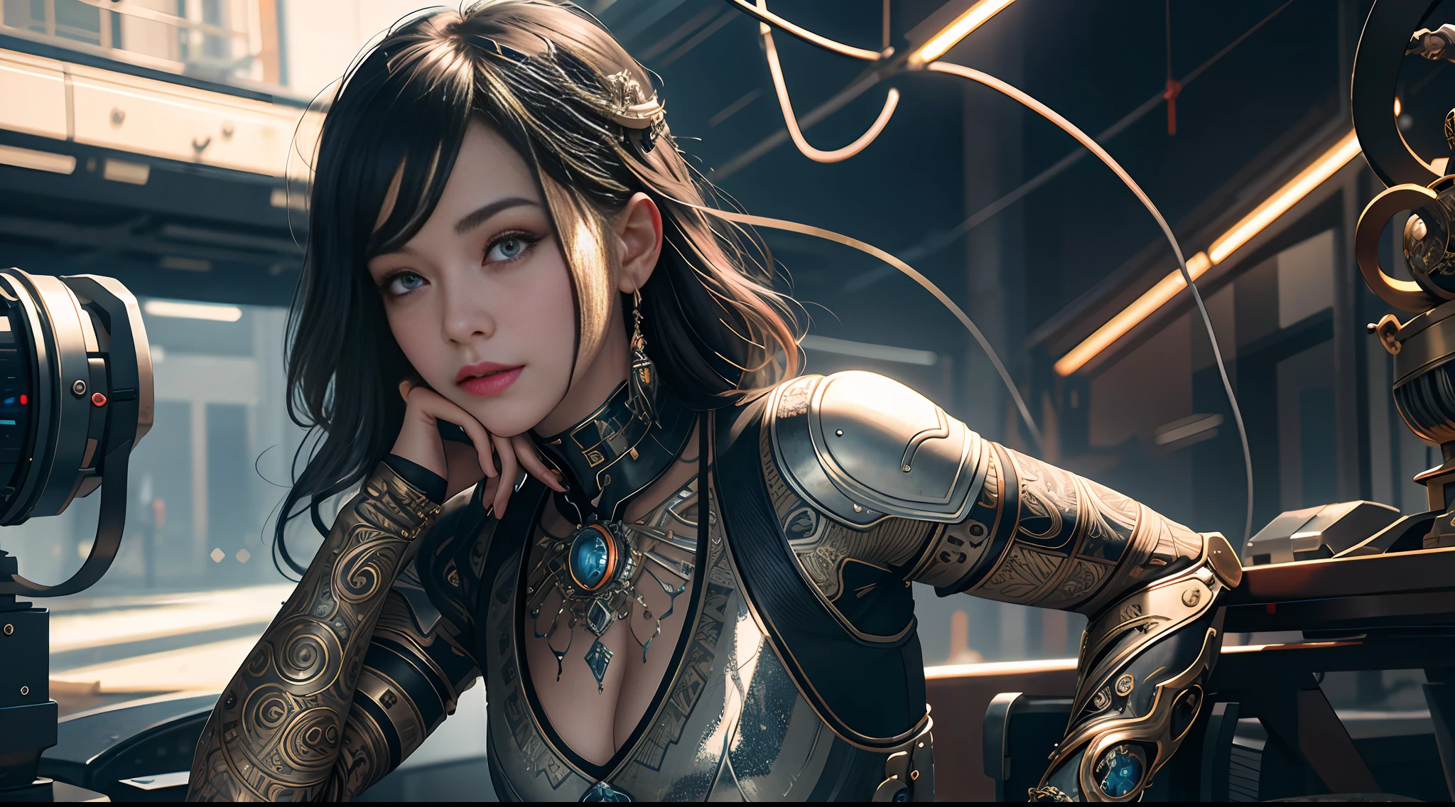 1mechanical girl,((ultra realistic details)), portrait, global illumination, shadows, octane render, 8k, ultra sharp,metal,intricate, ornaments detailed, cold colors, egypician detail, highly intricate details, realistic light, trending on cgsociety, glowing eyes, facing camera, neon details, machanical limbs,blood vessels connected to tubes,mechanical vertebra attaching to back,mechanical cervial attaching to neck,sitting,wires and cables connecting to head.
