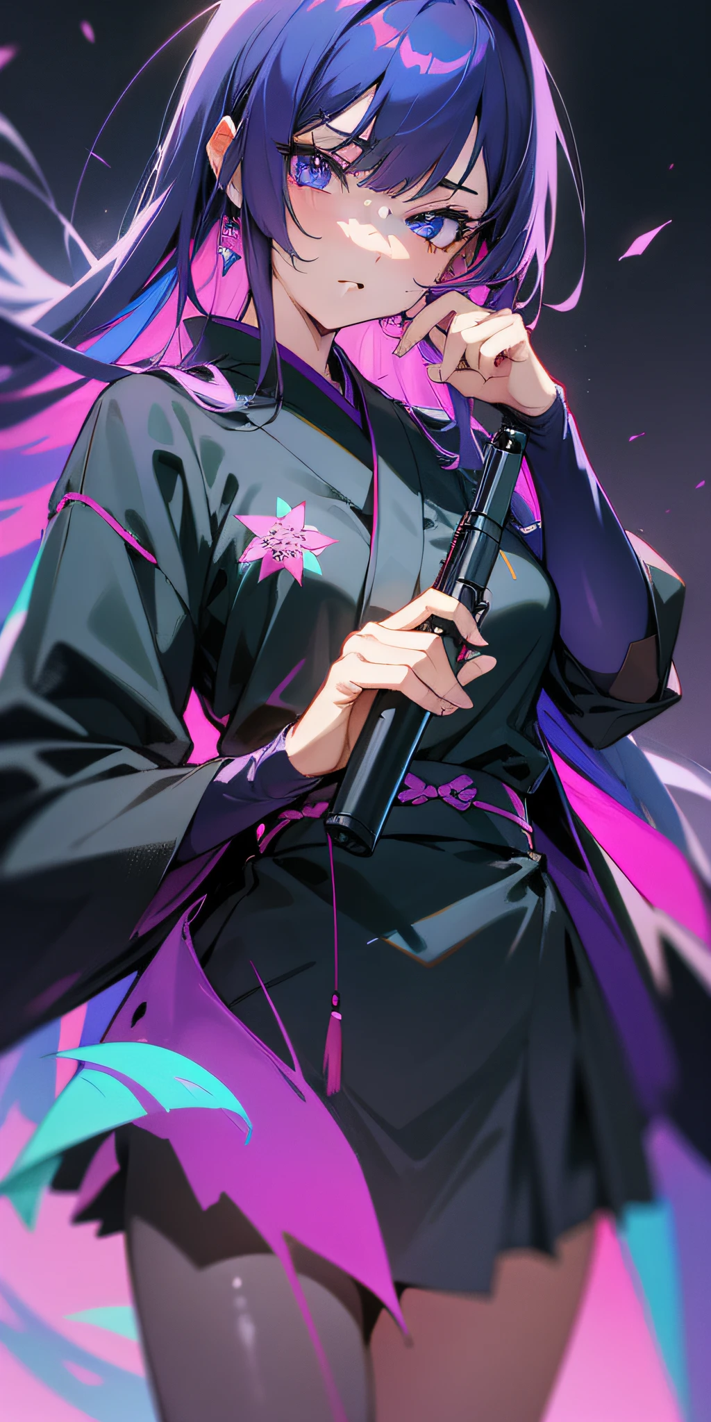 Anime character holding a gun, 1 girl, dark purple and dark black style, Japanese print, color animation stills, jagged edges, 1990s, 32K UHD, very detailed, colorful details, (rainbow color: 1.2), (glow illumination, atmospheric illumination), dream background, magical, (solo: 1.2), mechanical realism --niji 5 --s 180