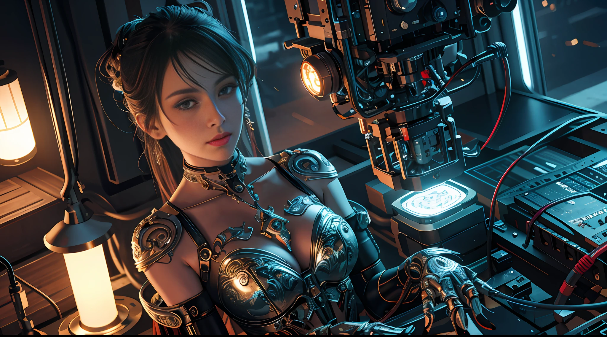 1mechanical girl,((ultra realistic details)), portrait, global illumination, shadows, octane render, 8k, ultra sharp,metal,intricate, ornaments detailed, cold colors, egypician detail, highly intricate details, realistic light, trending on cgsociety, glowing eyes, facing camera, neon details, machanical limbs,blood vessels connected to tubes,mechanical vertebra attaching to back,mechanical cervial attaching to neck,sitting,wires and cables connecting to head.