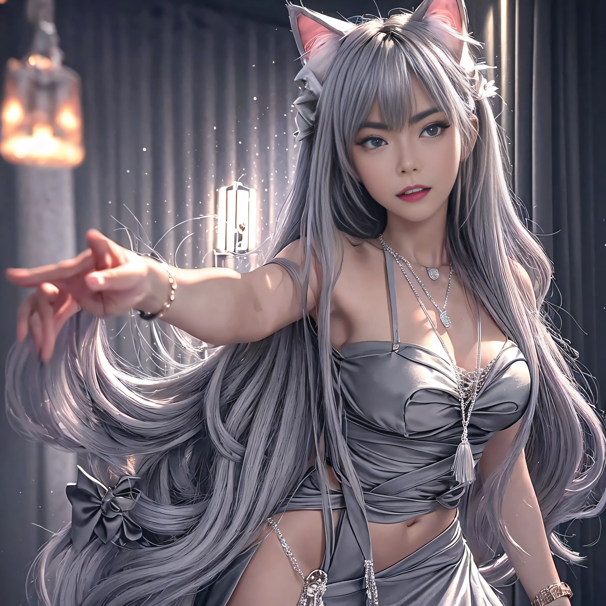 adult female, cat ears, gray hair, glowing eyes, young, bracelet, necklace, tattoo, fangs, long hair, nudity, tattoo, full body, necklace, bow, (extreme detail CG Unity 8K wallpaper, masterpiece, highest quality), ray tracing, reflective glow white: 1.5, texture gloss orange: 1.3, (rendering is excellent enough to stand out in its class),