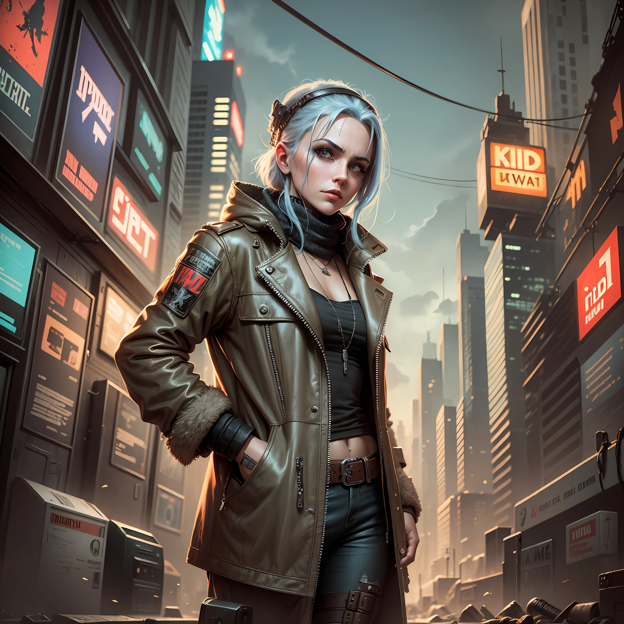 Old Elba Edis with sad winter clothes, post apocalyptic style, cyberpunk style, drinking whiskey, pulp art, cyberpunk art --auto --s2