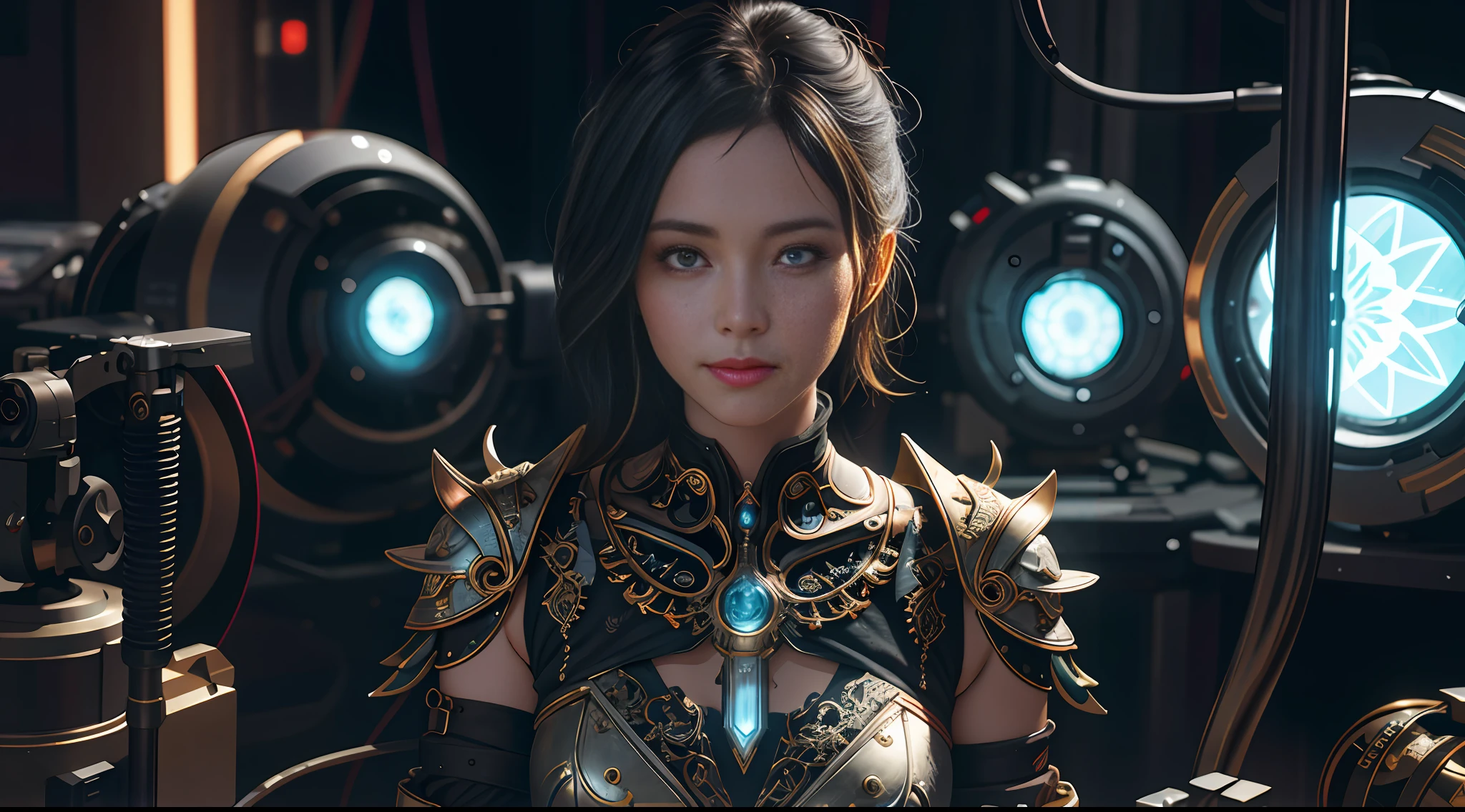 1mechanical girl,((ultra realistic details)), portrait, global illumination, shadows, octane render, 8k, ultra sharp,metal,intricate, ornaments detailed, cold colors, egypician detail, highly intricate details, realistic light, trending on cgsociety, glowing eyes, facing camera, neon details, machanical limbs,blood vessels connected to tubes,mechanical vertebra attaching to back,mechanical cervial attaching to neck,sitting,wires and cables connecting to head.
