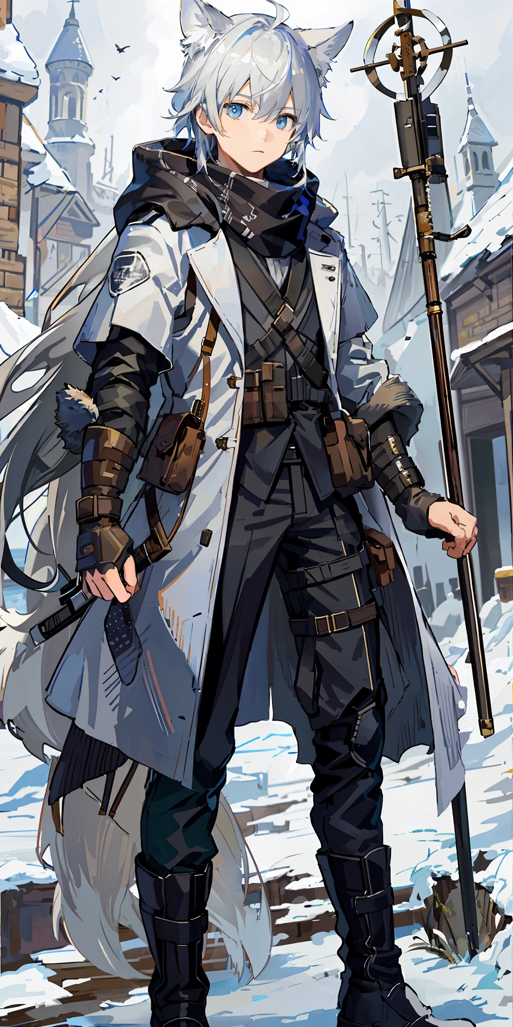 1boy, shota, (HD quality, masterpiece level), fresh and cold teenager character, holding a long-handled staff weapon, wolf ears and wolf tail highlight the character's sense of belonging, blue eyes and dark gray hair color echo each other, the clean lines of the white-gray military trench coat show the character's modesty and confidence, brown scarf and black boots are rigid and soft, as if ready to go. The whole picture is simple and atmospheric, and the high and cold temperament is respectful. No background, white screen, slightly fit, HD, masterpiece, white background, holding a long-handled staff weapon, dark gray hair, blue eyes, (wolf ears), (wolf tail), slim white-gray military trench coat, no hood, brown scarf, black boots, one tail