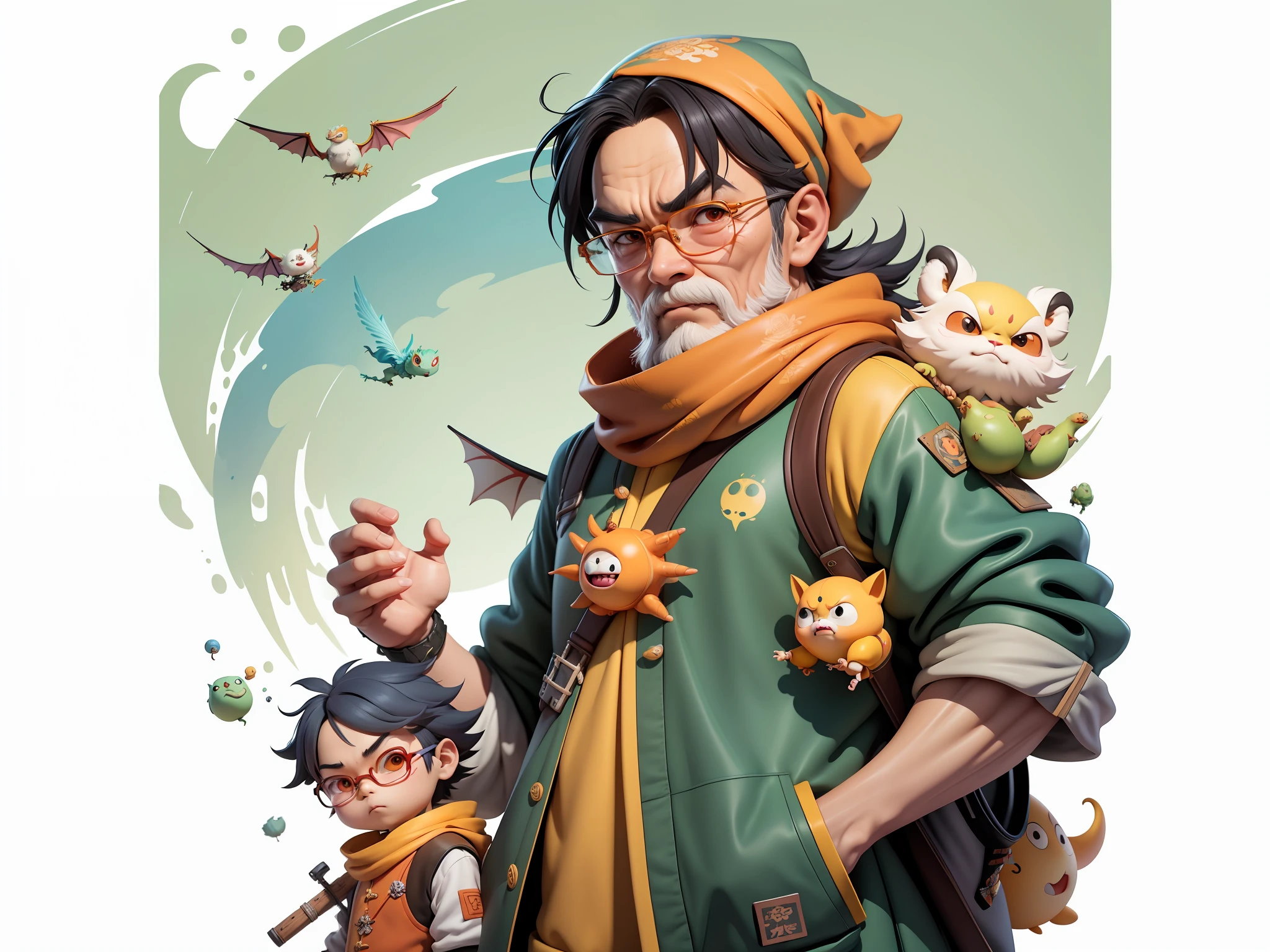 Aalfed man in headscarf and dragon shirt, Pengyin Yin J - Jiang Geping, Zeng Fanqian, Chen Xintong, Huang Huifeng, Liang Xing, Huang Guangjian, Leng Jun, Lin Xiang, Lin Qifeng, Luo Qisheng, Pan Chengwei, Wang Wei, Duan Xiang, Digital Painting, Mark Clairenden and Pixar and Hayao Miyazaki and Akira Toriyama 3D character design, the illustration is a 4K resolution HD illustration with very detailed facial features and cartoon style visuals.