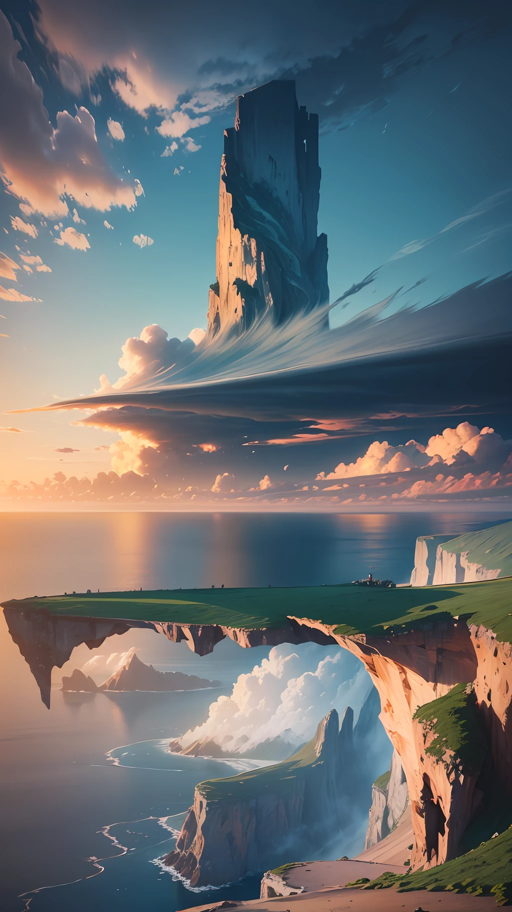 there is a man sitting on a cliff overlooking the ocean, max rive, ocean cliff view, breathtaking scenery, by Alexander Kucharsky, by Etienne Delessert, alexey egorov, breathtaking landscape, epic matte painting of an island, epic scenic shot, epic and stunning, cliffside ocean scene, amazing landscape in background, breathtaking shot, amazing landscape --auto --s2