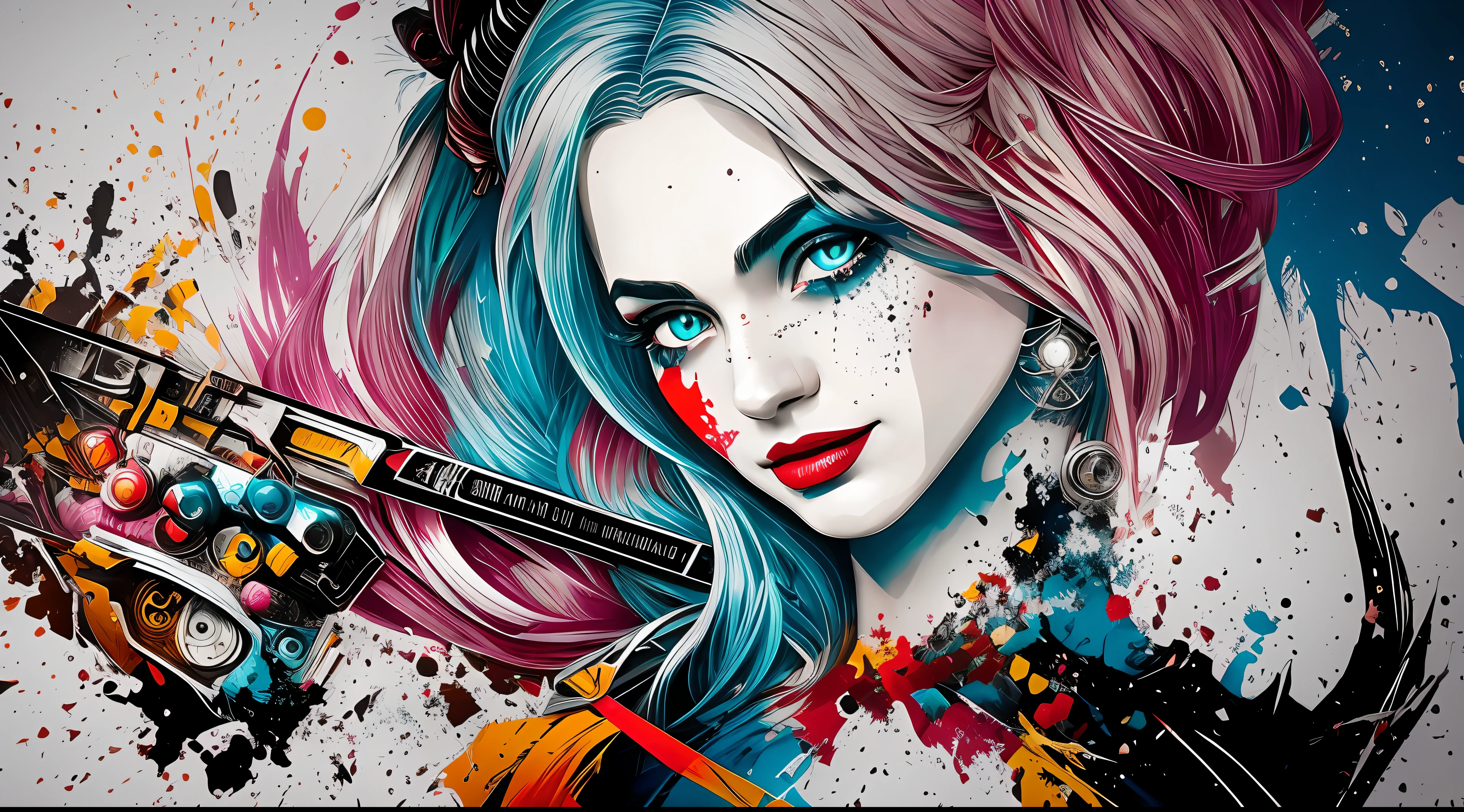 Create a medium shot, colored digital line art portrait of harley quinn character in the style of artists like Russ Mills, Sakimichan, Wlop, Loish, Artgerm, Darek Zabrocki, and Jean-Baptiste Monge. Include colorful splatter drippings, paper texture, and perfect shading, with dramatic lighting. The artwork should be centered, stylized, and elaborate, with a beautiful dress, gorgeous eyes, and a dynamic pose. TanvirTamim. rendered in 8K resolution for high-quality detail,anatomia perfeita, mãos com 4 dedos e 1 polegar, renderizado em resolução 8K para detalhes de alta qualidade, qualidade de imagem 8K, imagem em alta resolução 8K, hiper detalhado, super realista, detalhes intricados
