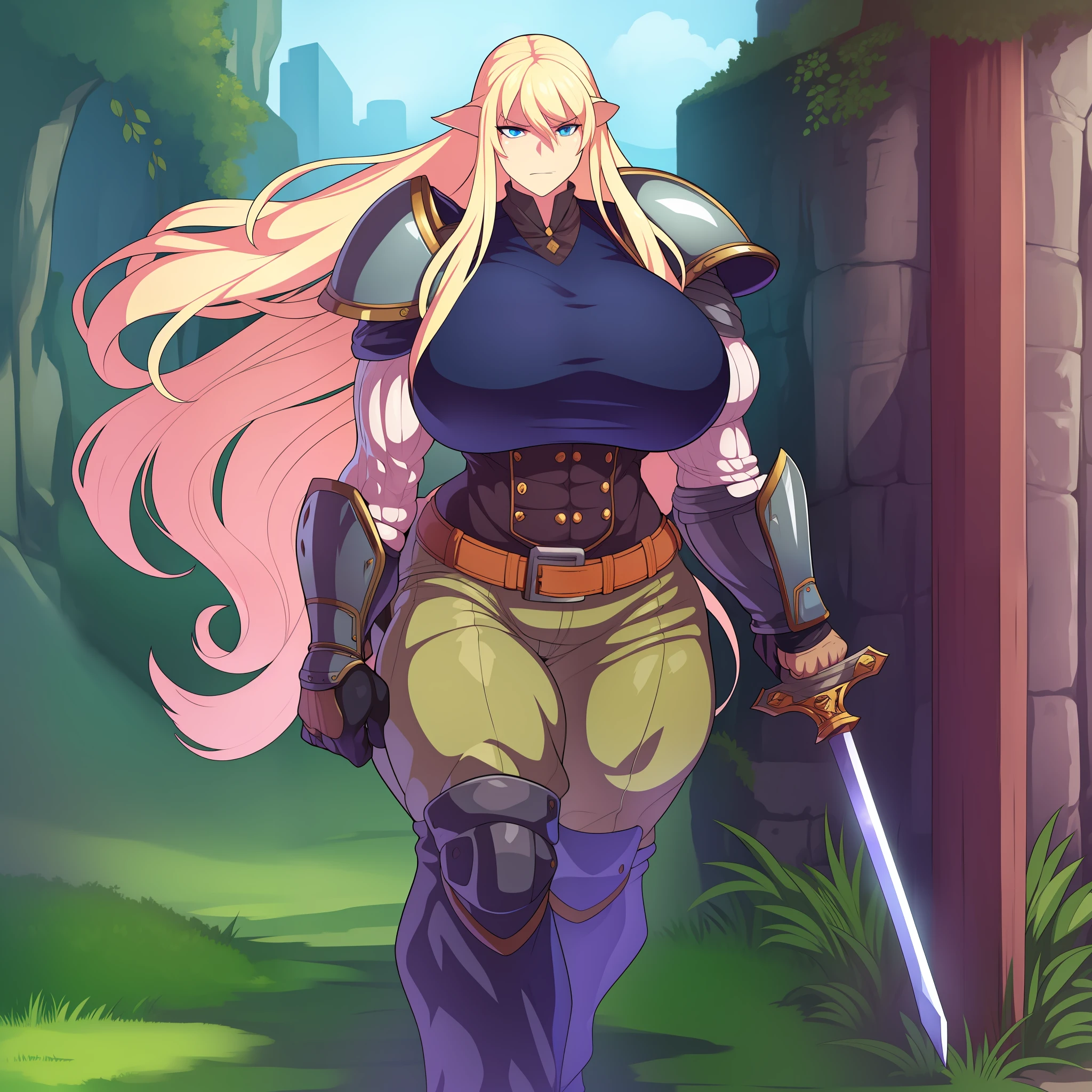 muscle girl,huge breast,, tall female, ,pants, solo focus, 1character, portrait full body,pale skinned female, palladin armor, sword holding, knight, vest, coat, walking, medieval clothing, long hair, blond hair,