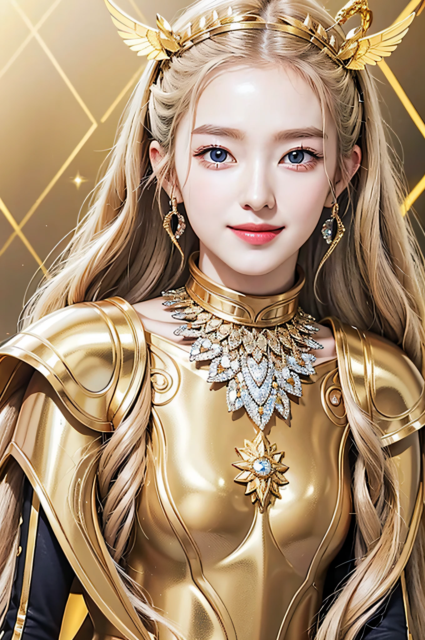 Golden diamond armor, long blonde hair, golden pupils, golden light background, golden transparent wings, diamond texture, smiling, golden eyes, flashing notes around, maiden, golden starlight, dazzling