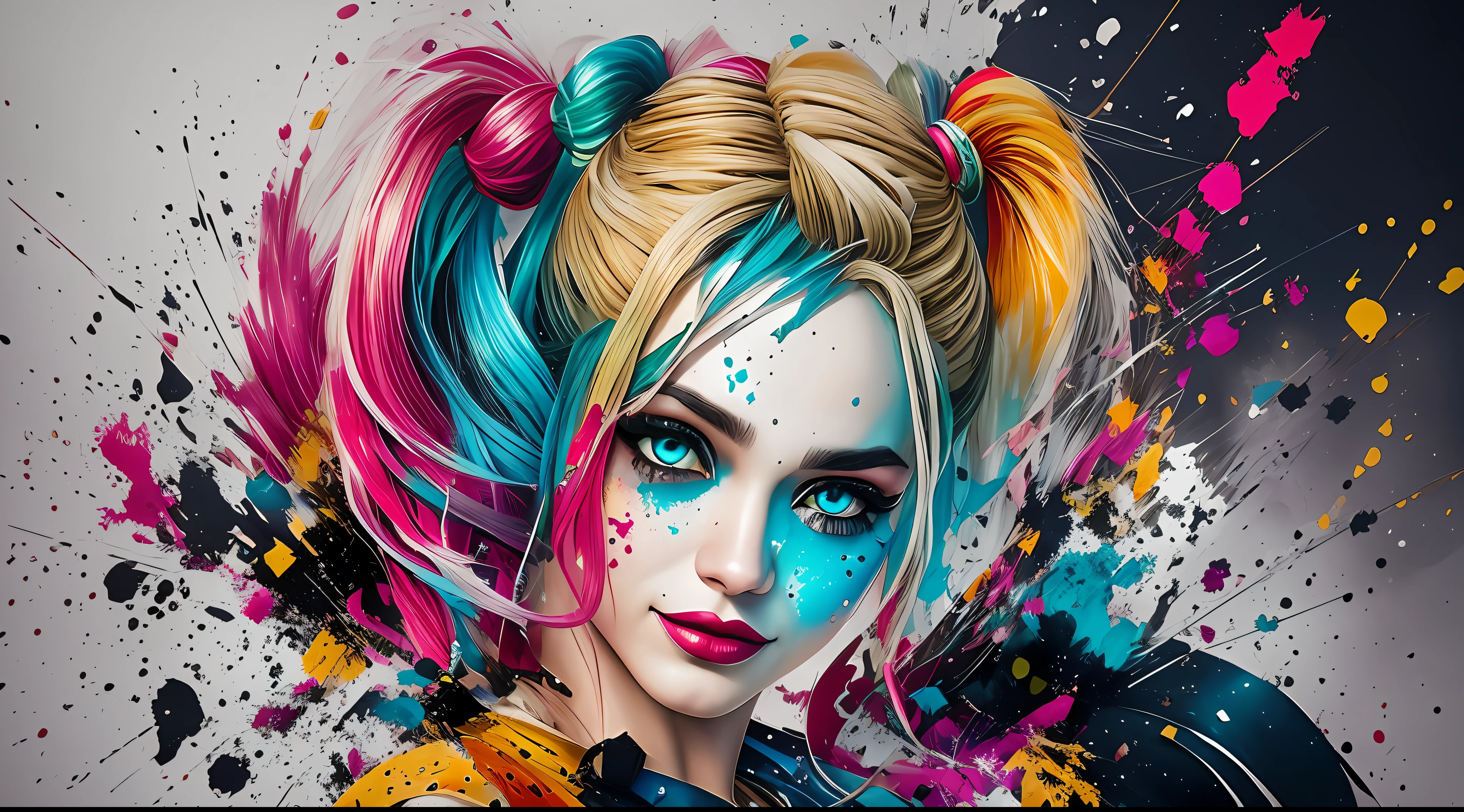 Create a medium shot, colored digital line art portrait of harley quinn character in the style of artists like Russ Mills, Sakimichan, Wlop, Loish, Artgerm, Darek Zabrocki, and Jean-Baptiste Monge. Include colorful splatter drippings, paper texture, and perfect shading, with dramatic lighting. The artwork should be centered, stylized, and elaborate, with a beautiful dress, gorgeous eyes, and a dynamic pose. TanvirTamim. rendered in 8K resolution for high-quality detail,anatomia perfeita, mãos com 4 dedos e 1 polegar, renderizado em resolução 8K para detalhes de alta qualidade, qualidade de imagem 8K, imagem em alta resolução 8K, hiper detalhado, super realista, detalhes intricados