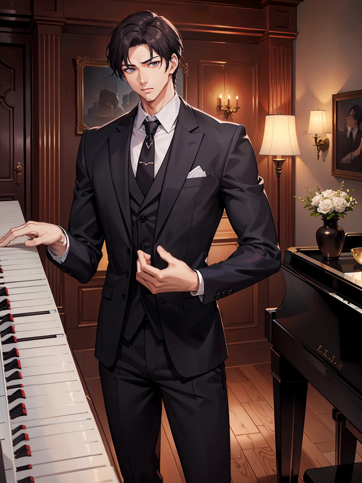 A handsome man with abs, slender fingers, a large back, a tall figure, playing the piano, and wearing a suit