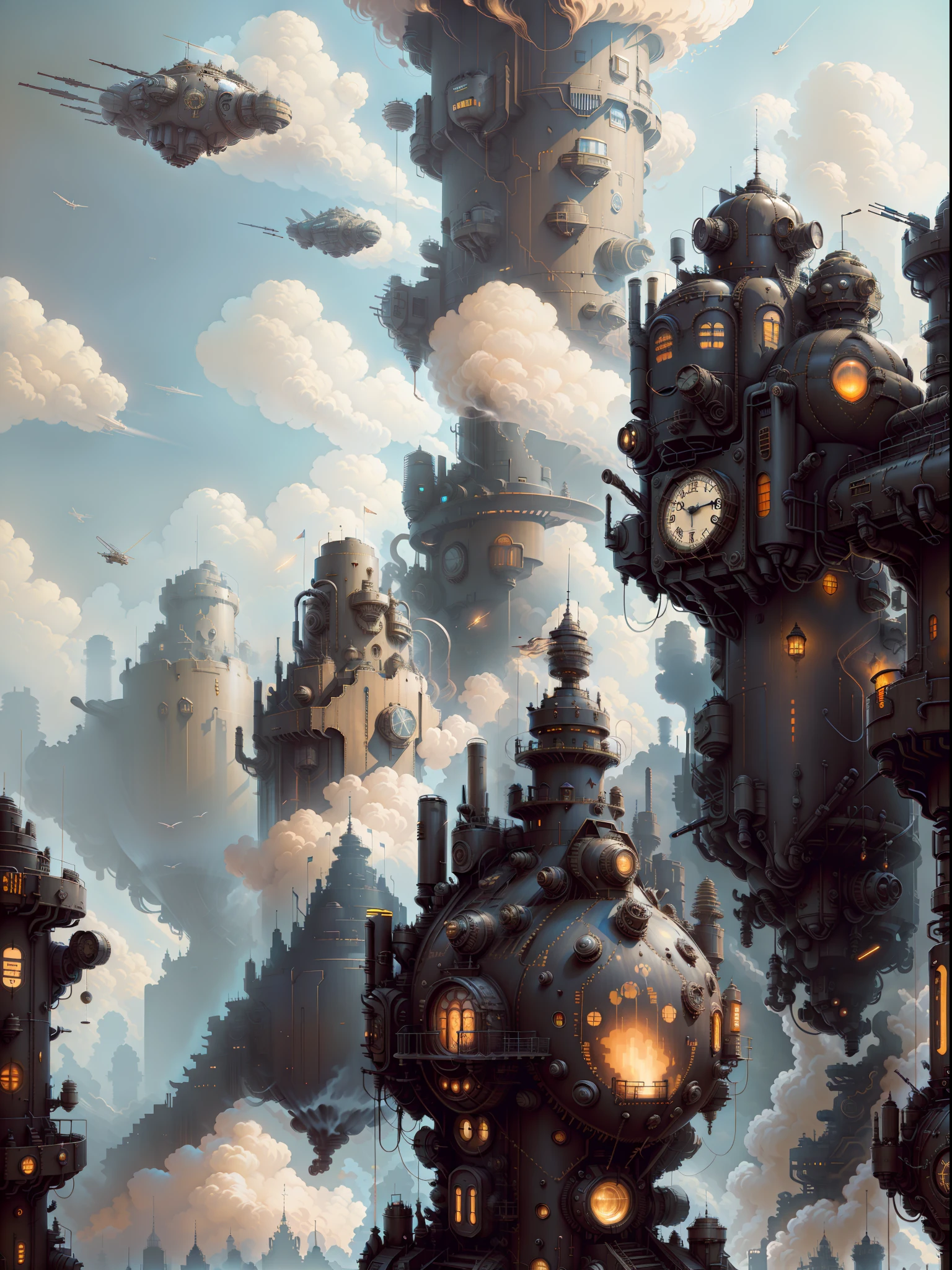 there are many different types of buildings in this picture, in steampunk cityscape, flying cloud castle, a steampunk city, steampunk concept art, steampunk villages castles, victorian steampunk mega city, steampunk city, inspired by Ian McQue, very far royal steampunk castle, steampunk city background, ancient steampunk city, detailed digital concept art, flying ships in the background