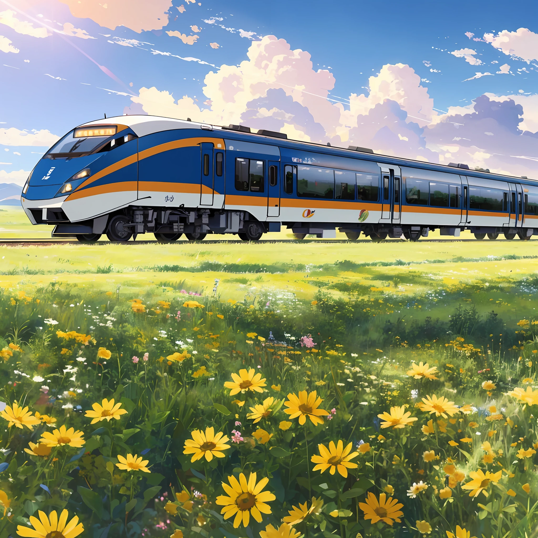 The grassland is full of flowers, and the high-speed train comes from far and near. The sun shines golden from among the clouds, and a rocket flies in the sky. --auto --s2