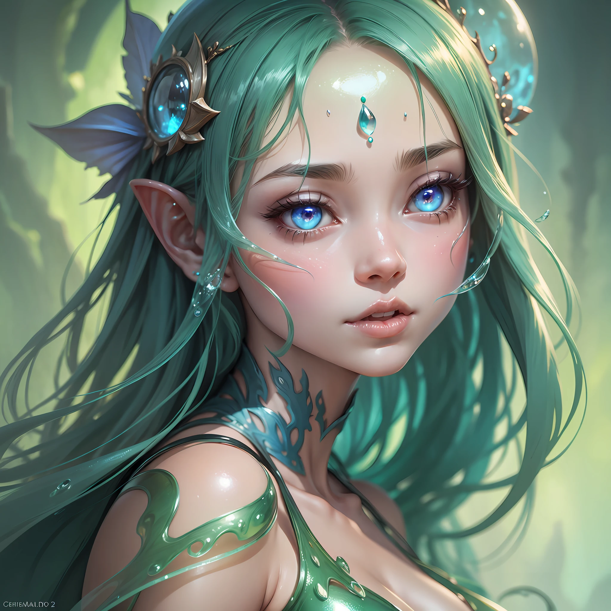 Fantasy character, delicate slime girl, delicate face, large expressive almond eyes, translucent skin, fantasy, concept art, artstation, Chris Sanders, Sharp Focus, High quality, atmospheric, 8k --auto --s2