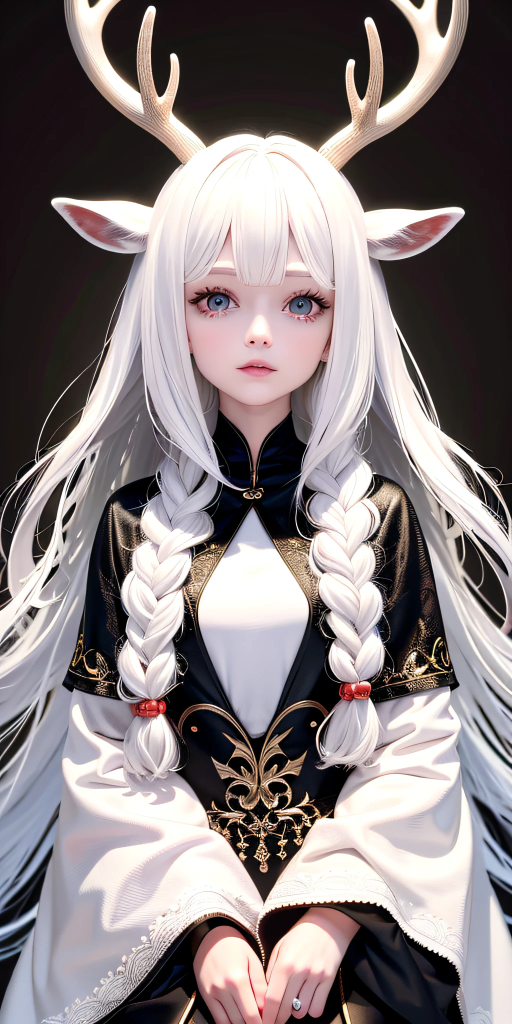 Deer woman, white hair, best quality, masterpiece, long hair, antlers, forest
