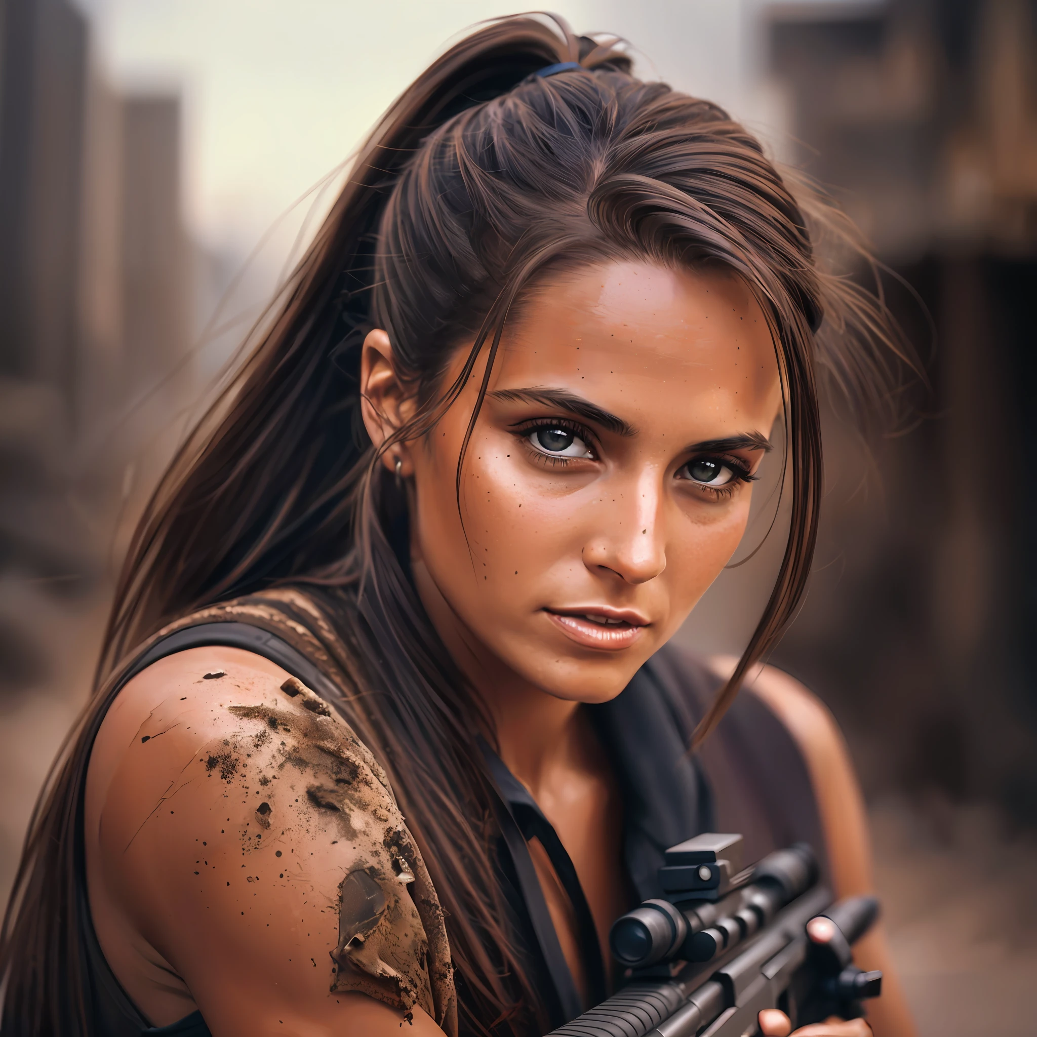 30 years old brunette woman with ponytail hair, holding a sniper rifle, shot by her side in a nuclear apocalypic backgroundm dirty and messy, hyper detailed,, by lee jeffries, nikon d850, film stock photograph ,4 kodak portra 400 ,camera f1.6 lens ,rich colors ,hyper realistic ,lifelike texture, dramatic lighting , cinestill 800, --auto --s2