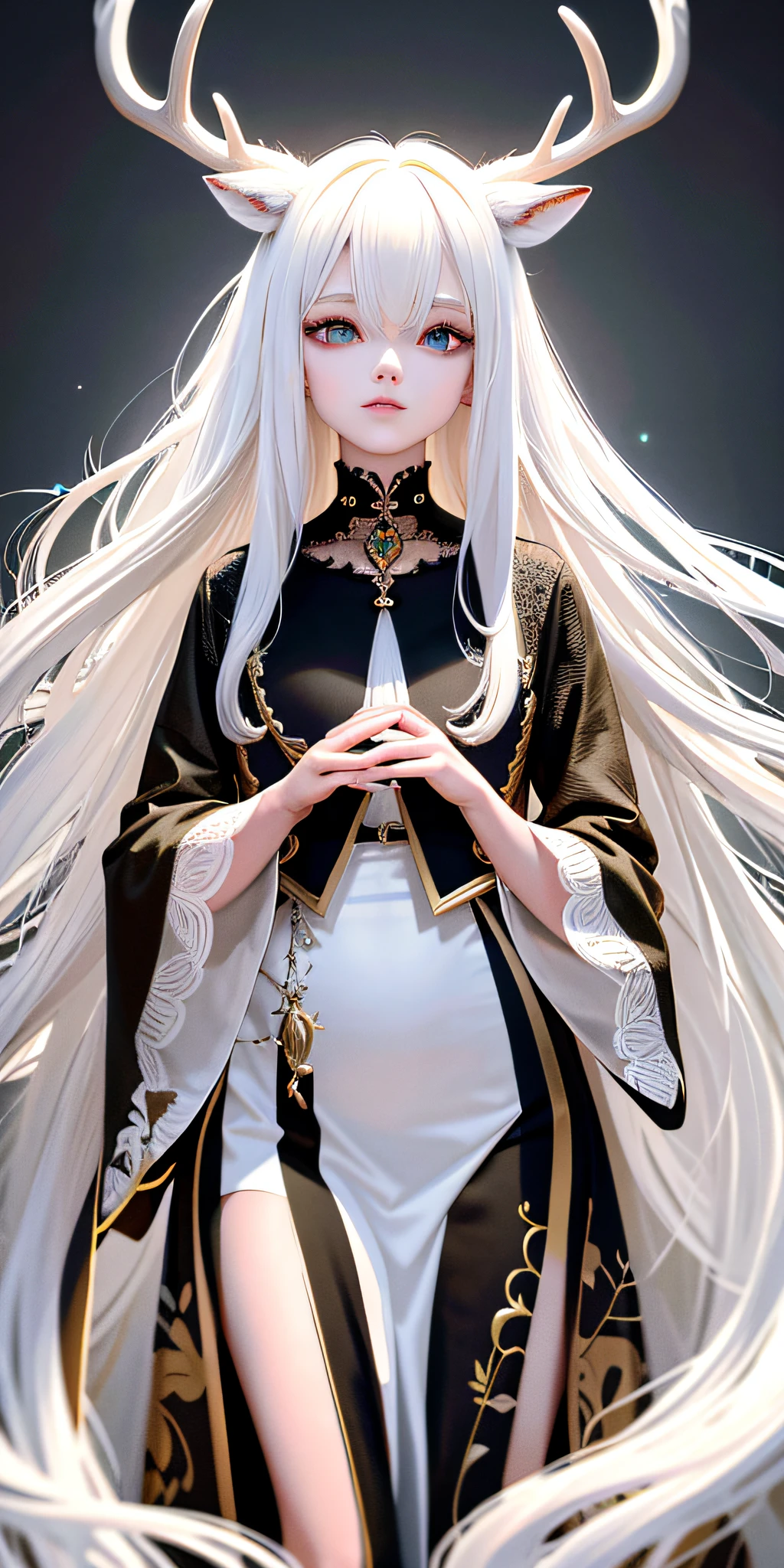 Deer woman, white hair, best quality, masterpiece, long hair, antlers, forest