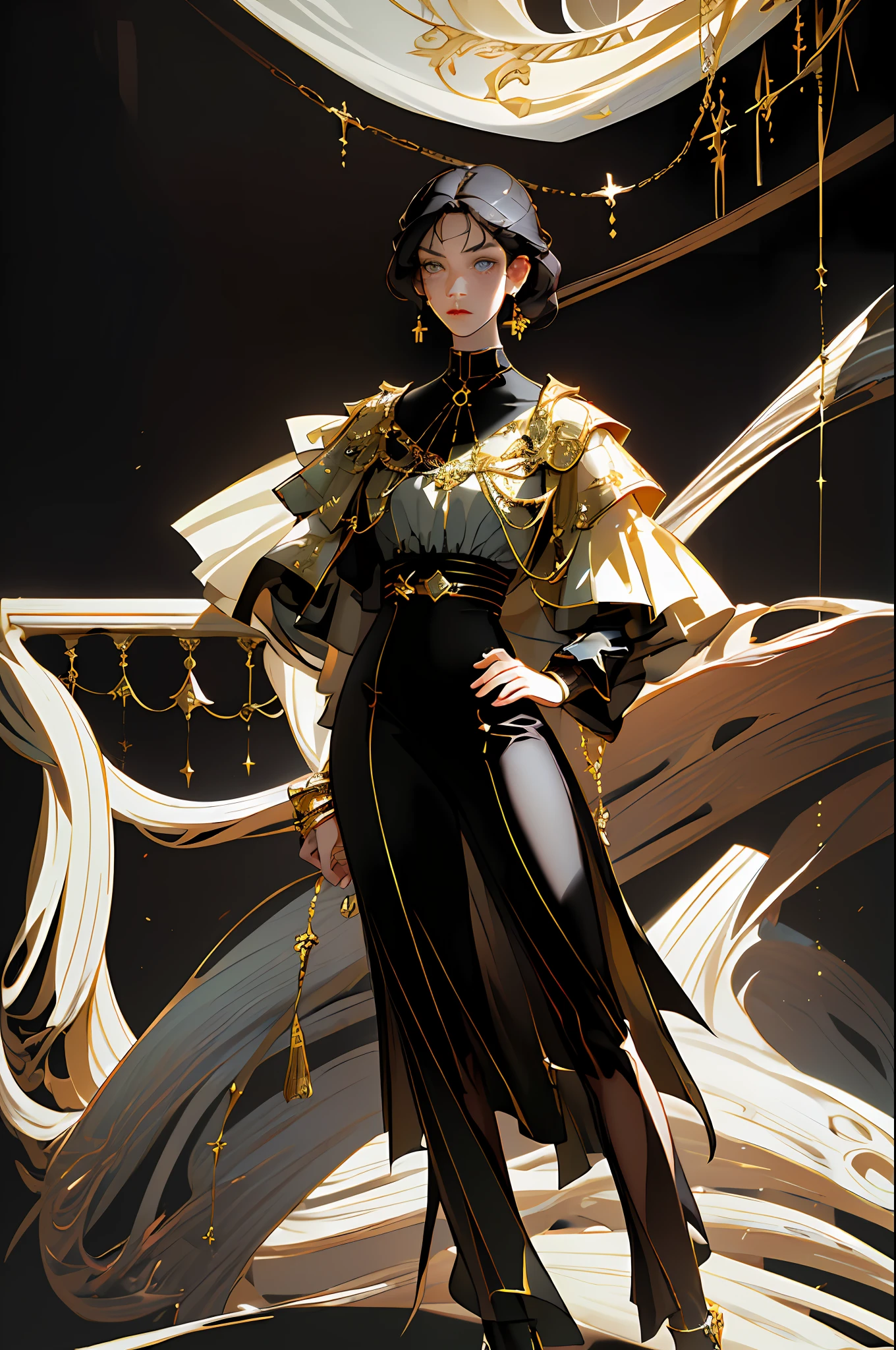 (best quality, masterpiece), 1girl, fashion clothes, gucci, model, fine details on face, elegant, fashion, whole body, legs showing, amazing details, movie light, jewelry, gold, light eyes, (dark circles), designer clothes, neutral colors, dark hair, indirect light, (black hair), detailed face, serious look, mouth half-open