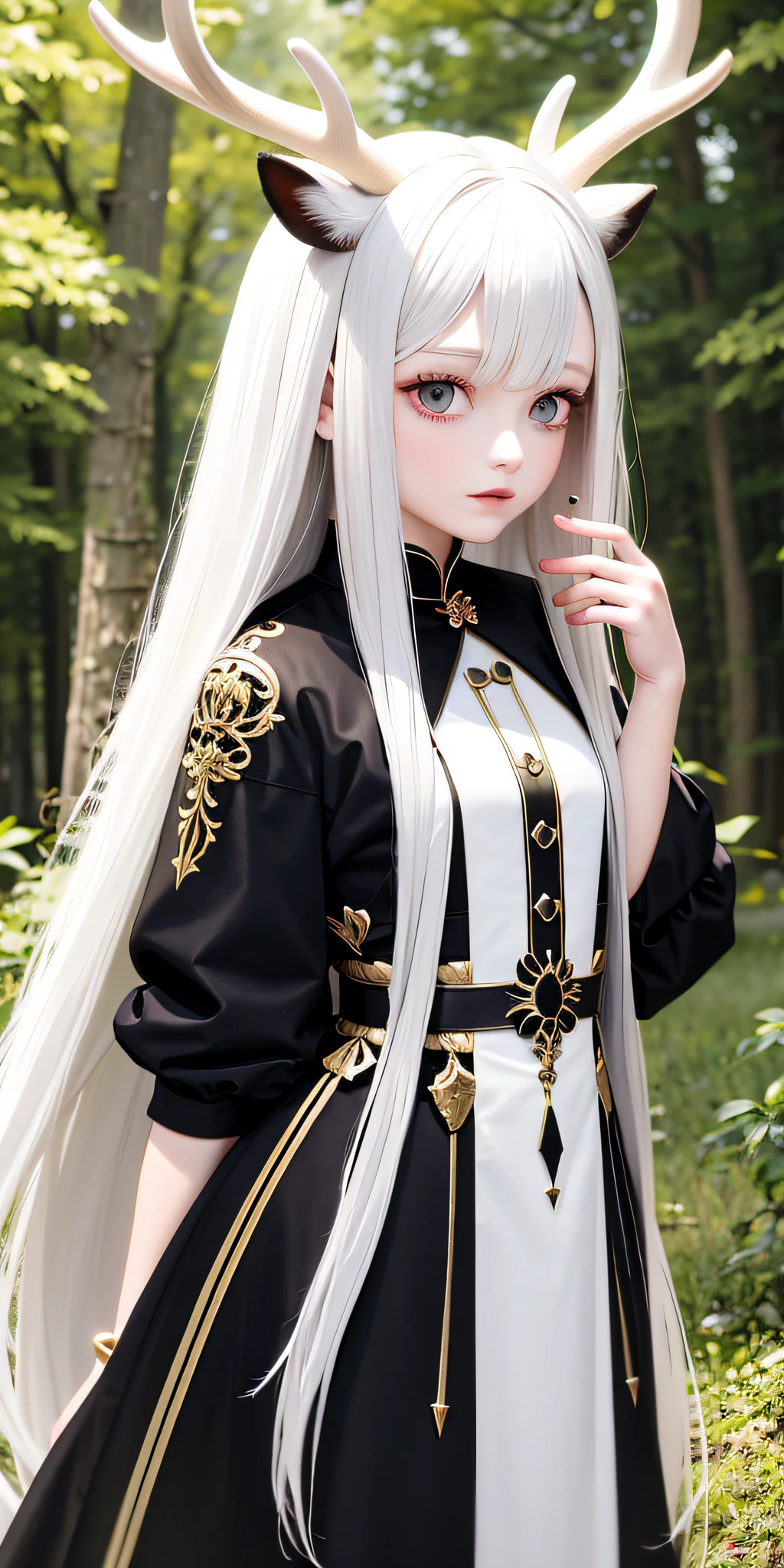 Deer woman, white hair, best quality, masterpiece, long hair, antlers, forest