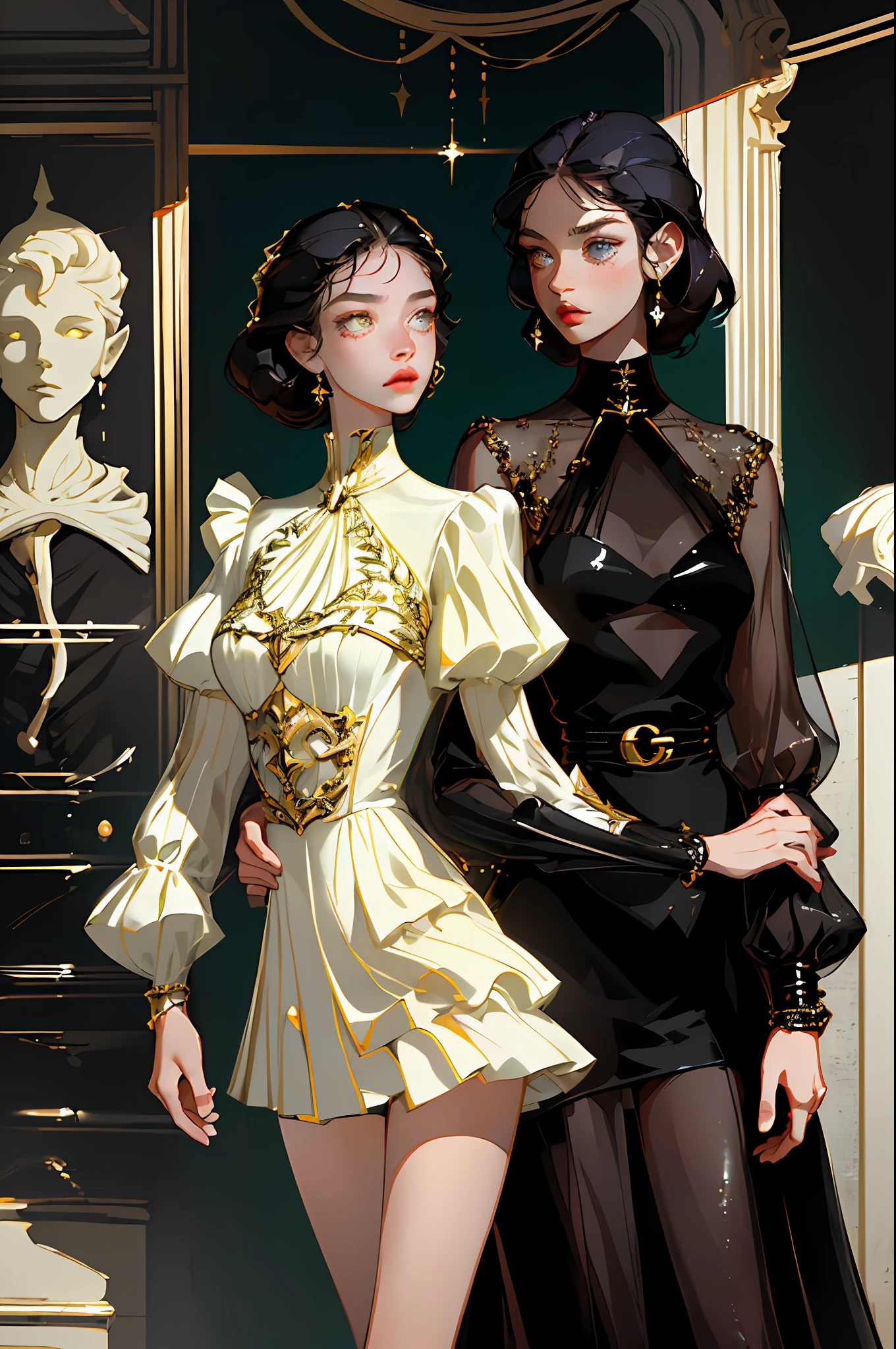 (best quality, masterpiece), 1girl, fashion clothes, gucci, model, fine details on face, elegant, fashion, whole body, legs showing, amazing details, movie light, jewelry, gold, light eyes, (dark circles), designer clothes, neutral colors, dark hair, indirect light, (black hair), detailed face, serious look, mouth half-open