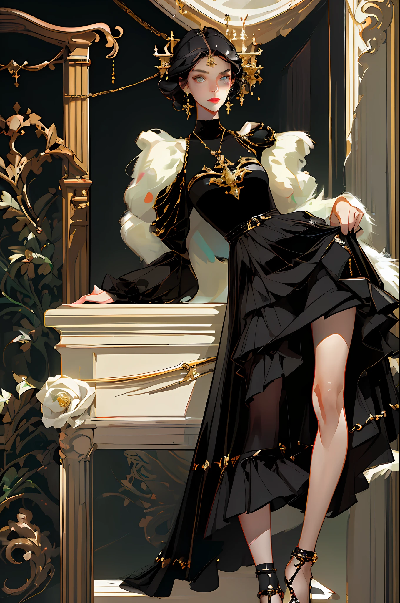 (best quality, masterpiece), 1girl, fashion clothes, gucci, model, fine details on face, elegant, fashion, whole body, legs showing, amazing details, movie light, jewelry, gold, light eyes, (dark circles), designer clothes, neutral colors, dark hair, indirect light, (black hair), detailed face, serious look, mouth half-open