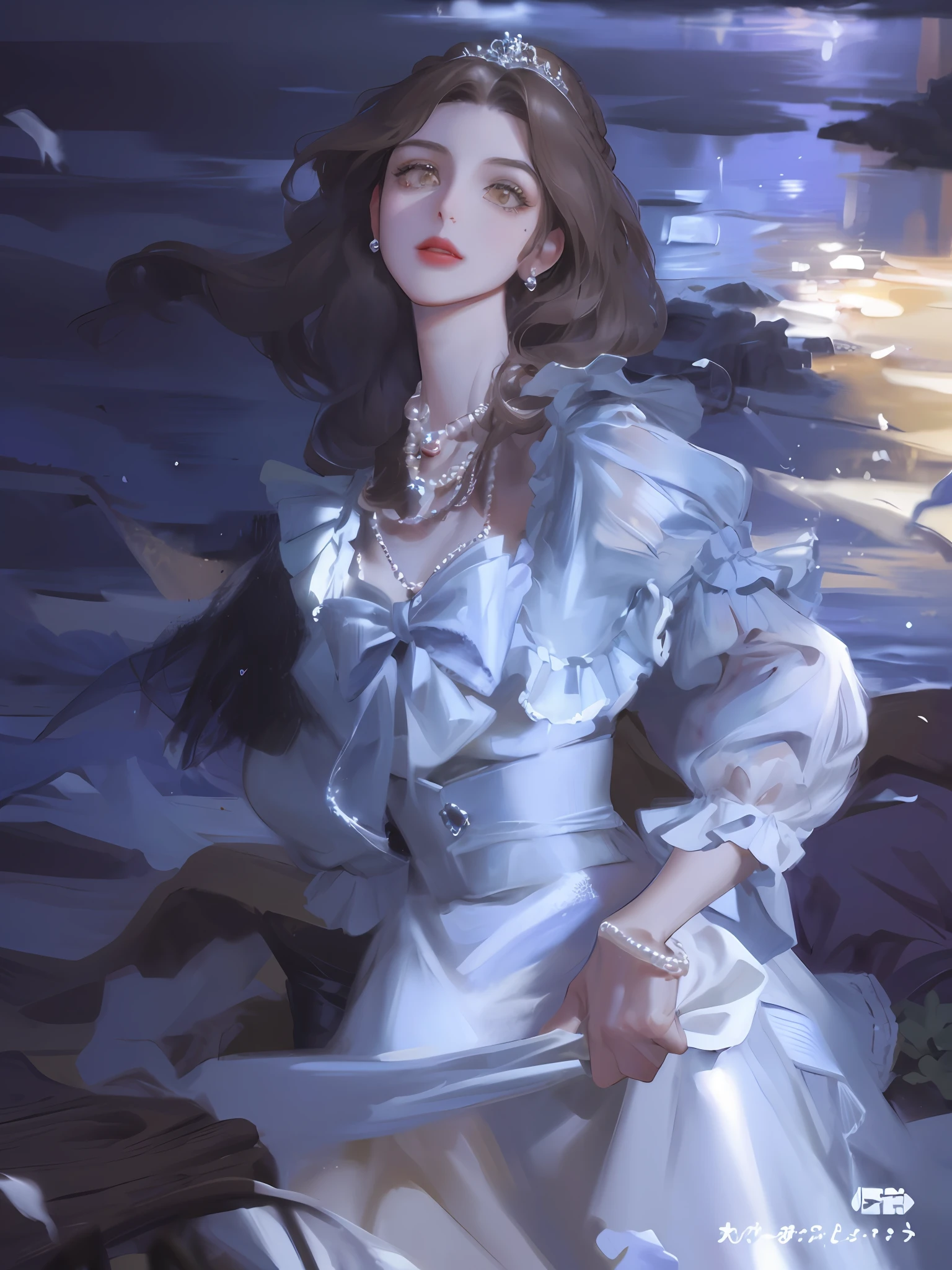 (highest resolution, distinct_image) best quality, hyper-detail, feminine masterpiece, high detail, oil painting style, semi-realistic, (most of the body), night, goddess, bright eyes, streamers, sea, lights, running, red lips, white dress, tiara, pearl necklace, vintage, hazy, brown eyes, fluttering hair, seaside