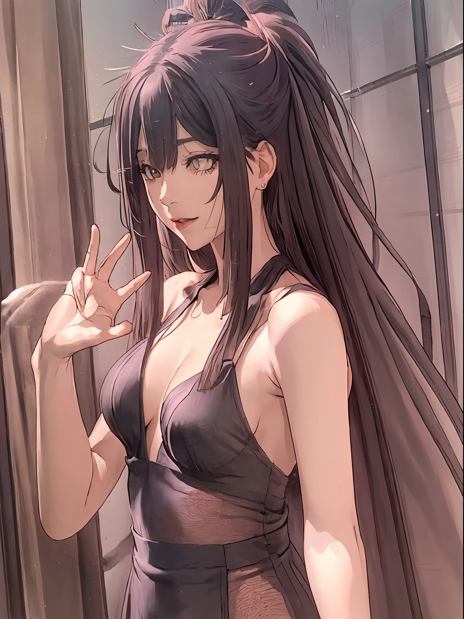 High resolution, super detailed, female, long hair, girlfriend, pretty, busty, sheer gauze dress, reality show, glamorous, lipstick, brown-gray hair, studio lighting, matte, cinematic shades