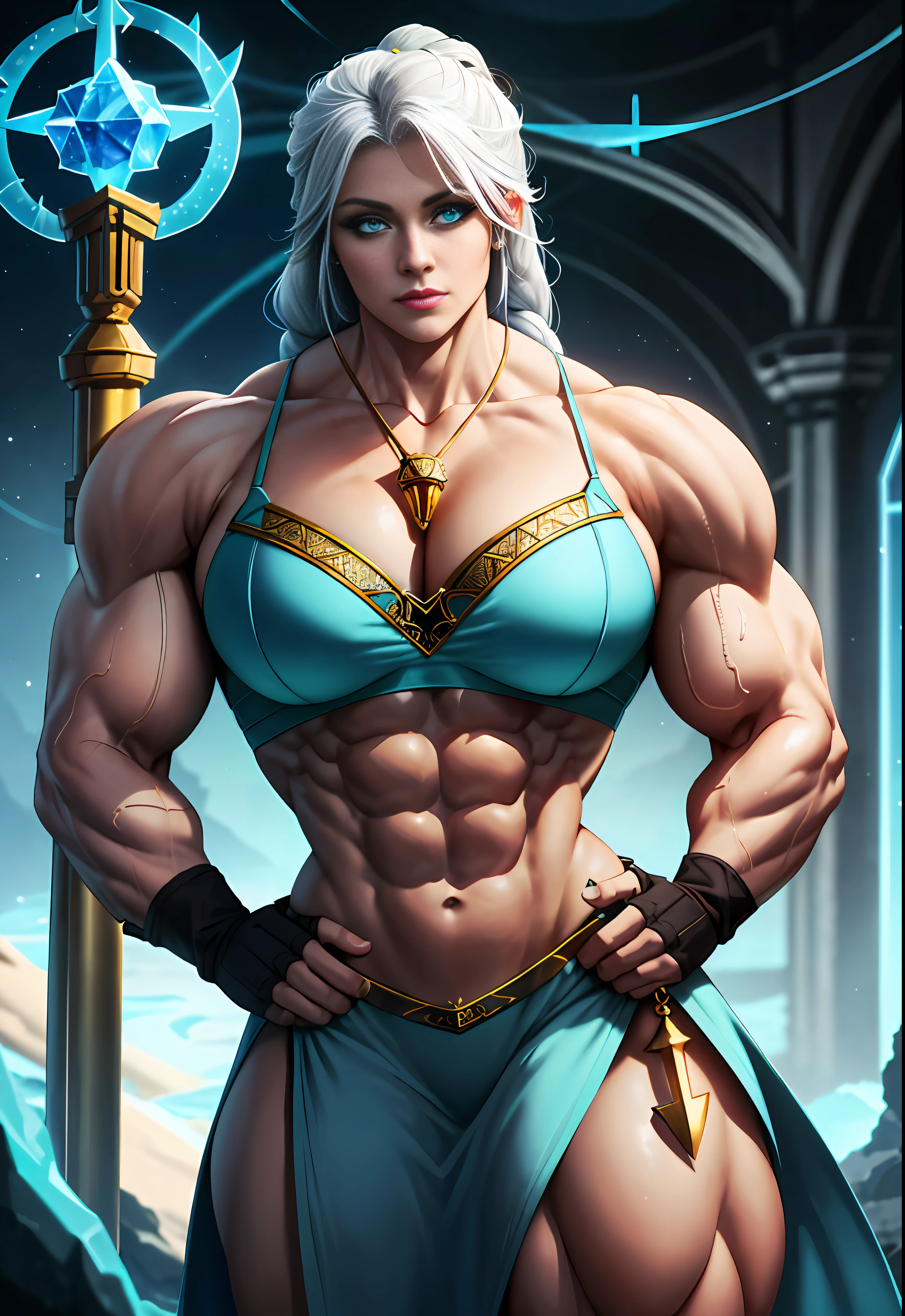 1girl, beautiful Valeea Sanguinar, girl's face, sexy, curvy, (feminine), (bodybuilder:1.4), (muscular), (biceps), sfw, white hair with (yellow stripe), single braid, glowing blue eyes, mage, wizard, magical staff, magic ice shards, white and blue cloth, bra, crop top, anchor pendant, short sleeves, pauldrons, magical palace, castle, looking at viewer, volumetric lighting, best quality, masterpiece