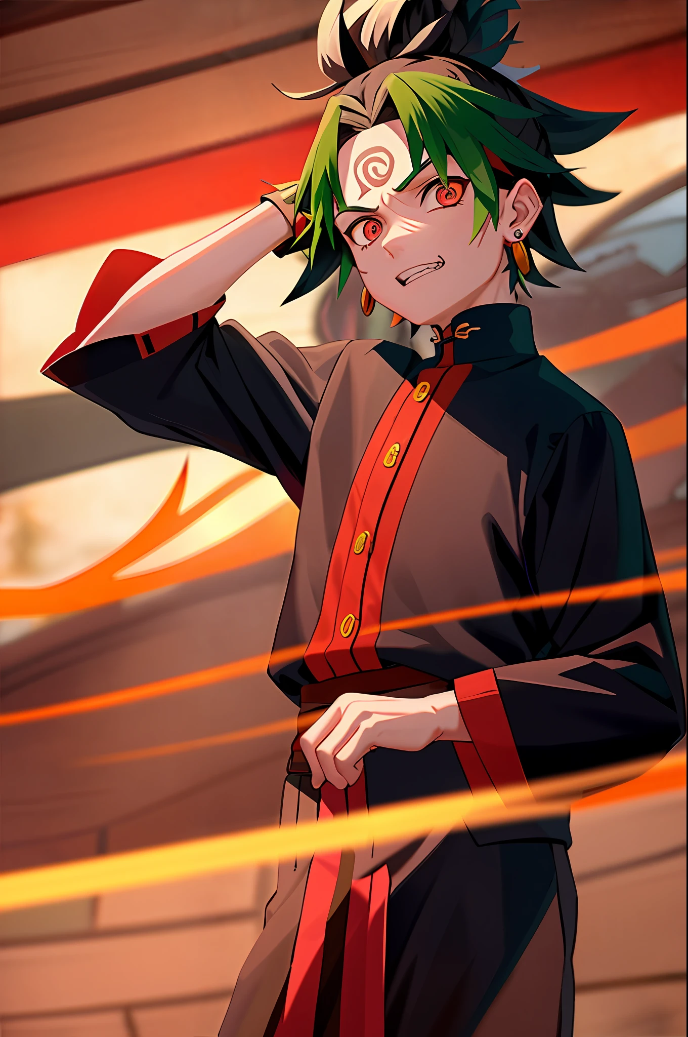 kimetsu no yaiba style, kamado tanjiro, demon slayer uniform, 1boy, male focus, scar on forehead, earrings, teeth, jewelry, pants, brown hair, belt, japanese clothes, haori, green haori with black and gold checkered pattern, solo, red eyes with white pupils, long sleeves, anime coloring