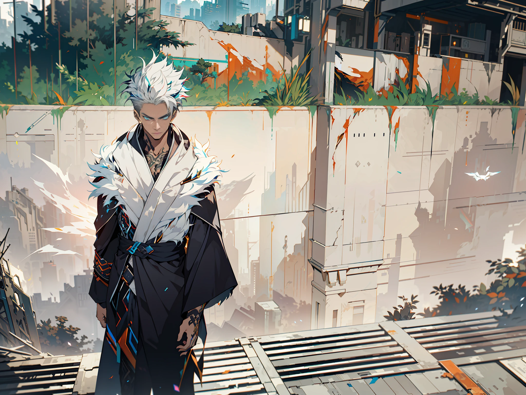 Cyberpunk male, fantasy world, dark background, clean design, epic instagram, artstation, colorful paint splatter, silhouette, hyper detailed intricate details, unreal engine, fantasy, intricate details, splash screen, complementary colors, Fantasy concept art, 8k resolution, deviantart masterpiece, oil painting, heavy strokes, paint dripping, (isolated on white background: 1.3), rainbow skin, (((handsome young man))), ((teenage:1.5) ), (glowing blue eyes), ((light eyes)), ((((short white hair: 1.1))), ((black clothes)), (prince\\(indifferent expression\\),, ( ((Wears high detail luxurious black robe))), white hair, frost magic, ((chest) --v 6