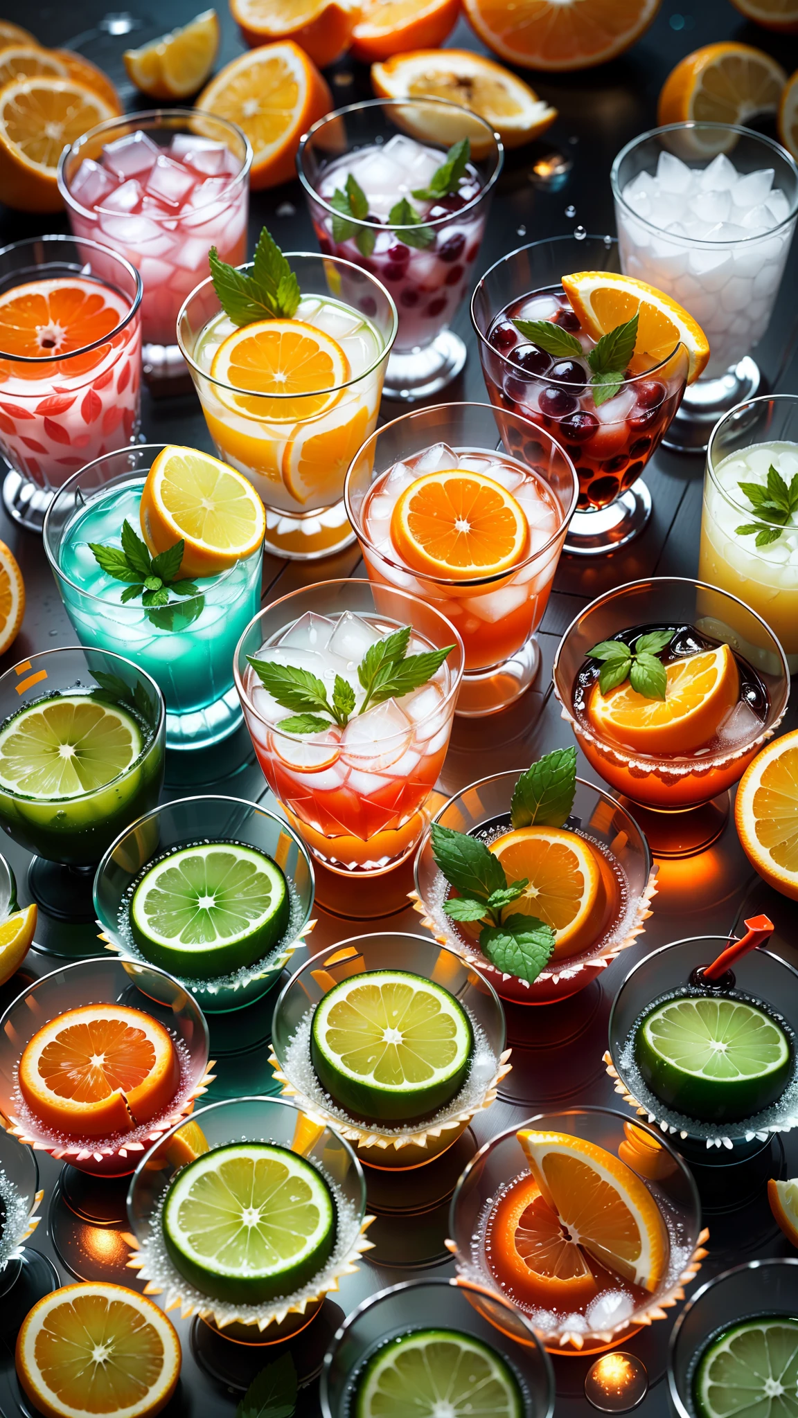 Wallpaper, clear glasses, drinks, ice cubes, oranges, mint, tropical plants, hot weather, HD detail, humidity, small water droplets, hyperdetail, cinematic, surrealism, soft light, deep field focus bokeh, ray tracing, diffuse (ultra-fine glass reflection) and surrealism. --auto --v6 --s2