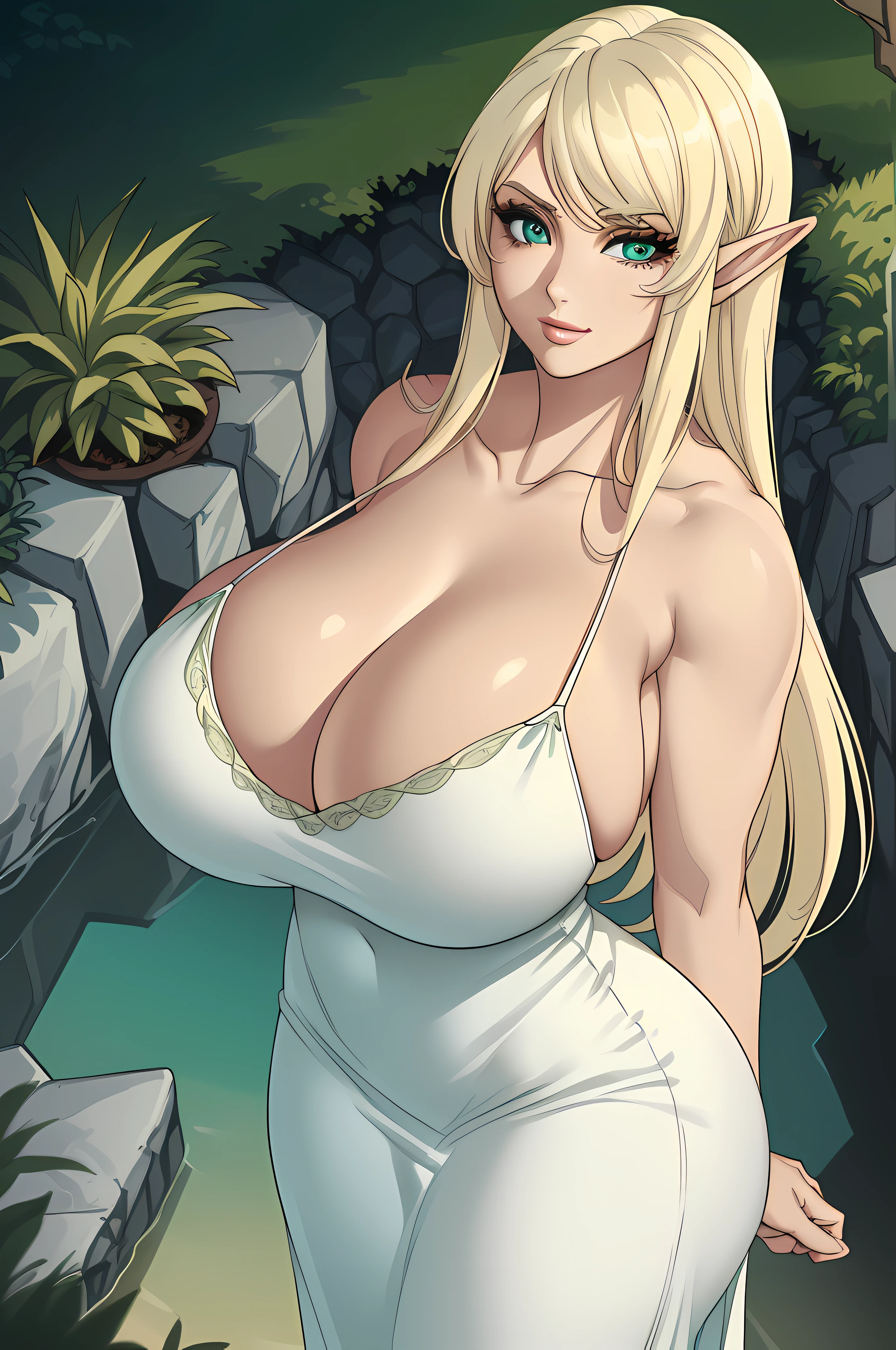 (Best Quality,Unparalleled Masterpiece:1.4)Overwhelmingly Pixel-Perfect,Ultra-Detailed CG 4K,(Ultra-Detailed Clear Absurdly-Vivid Mint Big Eyes:1.2),Gorgeous Round Detailed Face(Voluptuous:1.4)Elf(Gigantic Breasts:1.8)(Voluminous Long Blonde Hair: 1.4),(Bangs, Sidelocks:1.2)Seductive(intricately detailed white dress:1.3)(Zelda)(Celestine Lucullus: 1.2)(Solo:1.4)(1Girl: 0.5)(Facing Viewer:1.2)(arms behind back:1.2)(Cowboy Shot:1.2)(from above:1.1),Skindentation(Curvaceous:1.4)(Curvy:1.4)(Bimbo: 1.4)(Normal Waist: 1.2)(Thick Lips: 1.3)small-nose(light smile: 1.2)Rocks,Trees, Plants,Bush,Color Graded