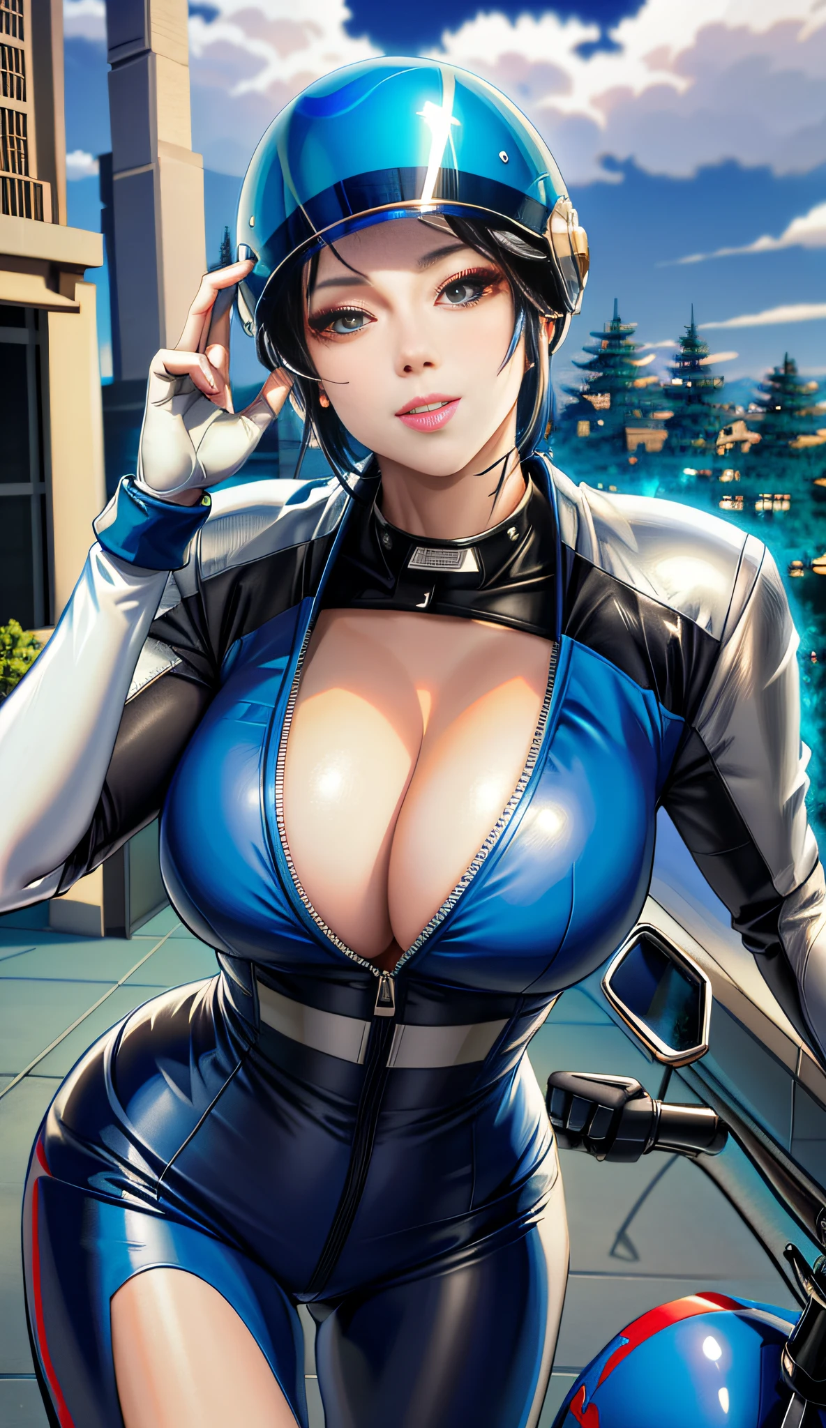 araffe in a blue and white suit and helmet on a motorcycle, artwork in the style of guweiz, extremely detailed artgerm, guweiz, ig model | artgerm, guweiz on artstation pixiv, [ 4 k digital art ]!!, guweiz on pixiv artstation, artgerm. high detail
